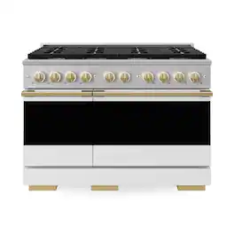 ZLINE - Autograph 48 in. 6.7 cu. ft. Marino Dual Fuel Freestanding Range with 8 Gas Burner Cooktop with White & Gold Accents - White Matte