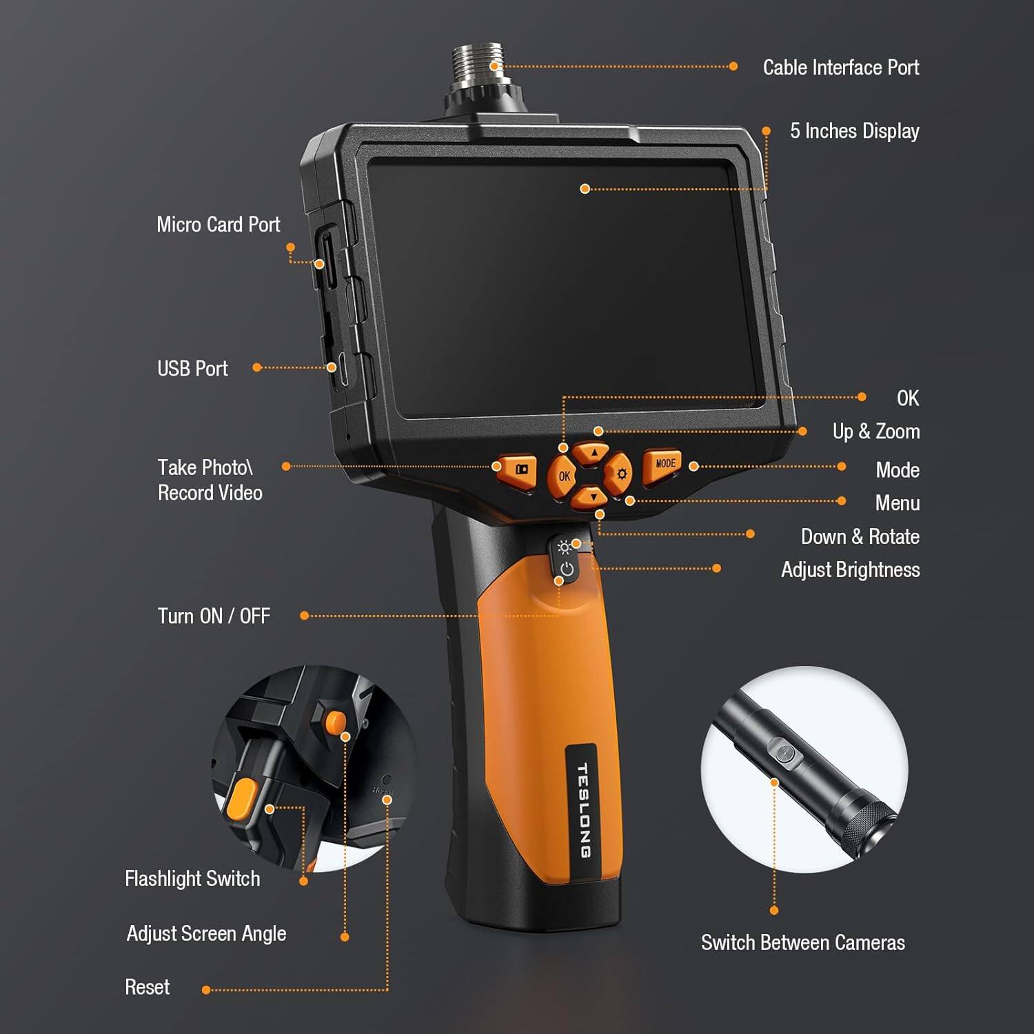 Cable Interface Port  
5 Inches Display  
Micro Card Port  
USB Port  
Take Photo/Record Video  
OK  
Up & Zoom  
Mode  
Menu  
Down & Rotate  
Adjust Brightness  
Turn ON / OFF  
Flashlight Switch  
Adjust Screen Angle  
Switch Between Cameras  
Reset