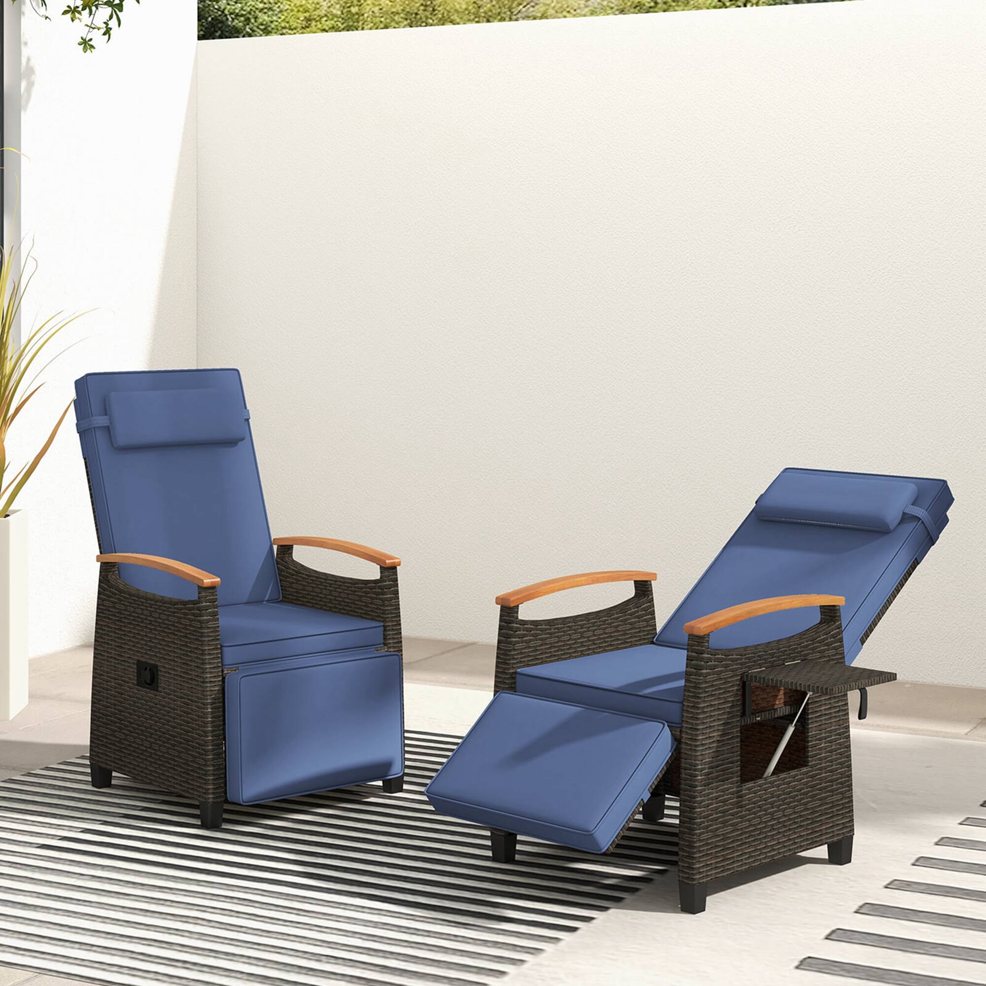 Alt View 1. Costway - 2 PCS Patio Wicker Recliner Chair with Adjustable Backrest Footrest Flip Side Table - Navy.