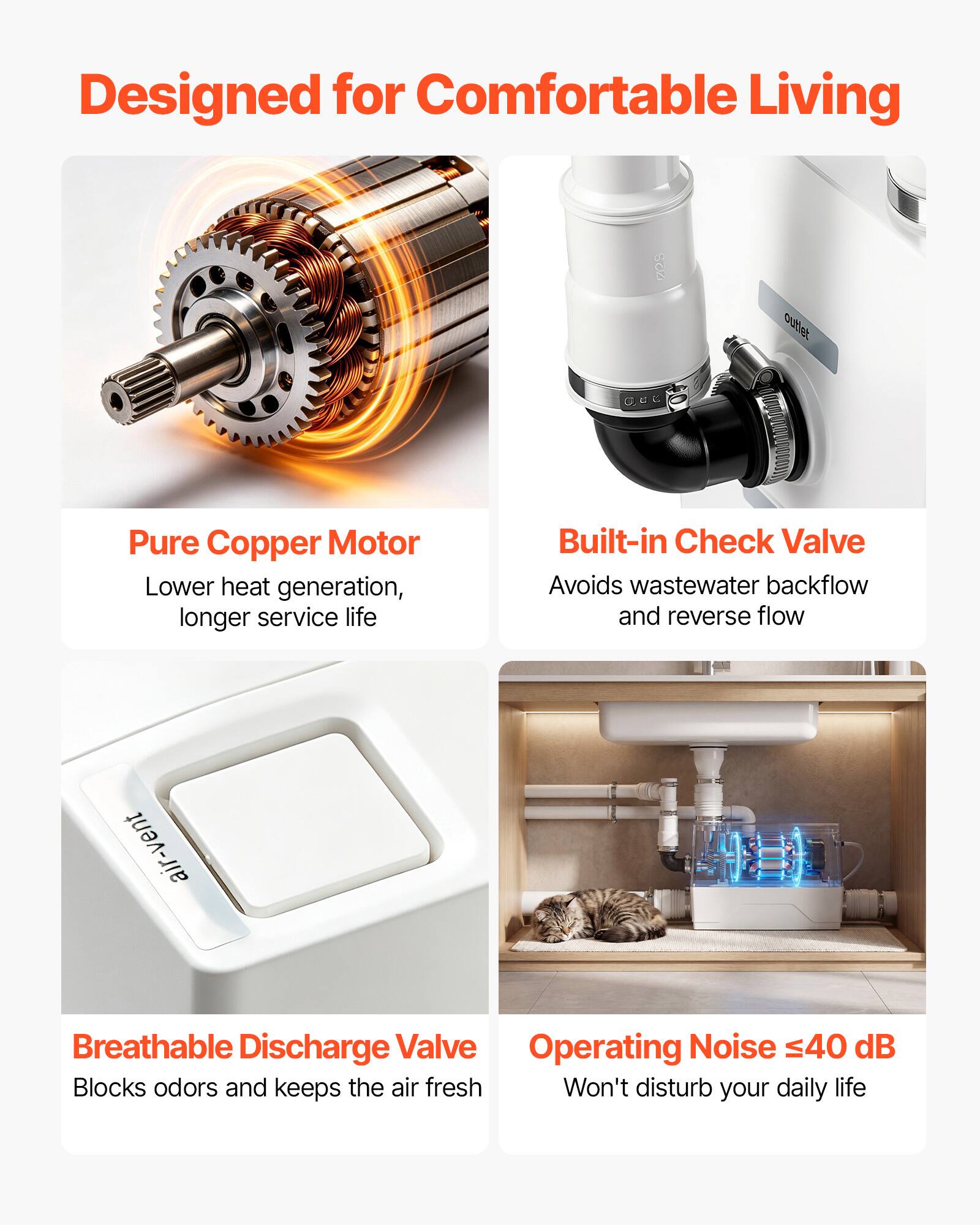 Designed for Comfortable Living

02S

outlet

Pure Copper Motor
Lower heat generation, longer service life

Built-in Check Valve
Avoids wastewater backflow and reverse flow

air-vent

Breathable Discharge Valve
Blocks odors and keeps the air fresh

Operating Noise ≤40 dB
Won't disturb your daily life