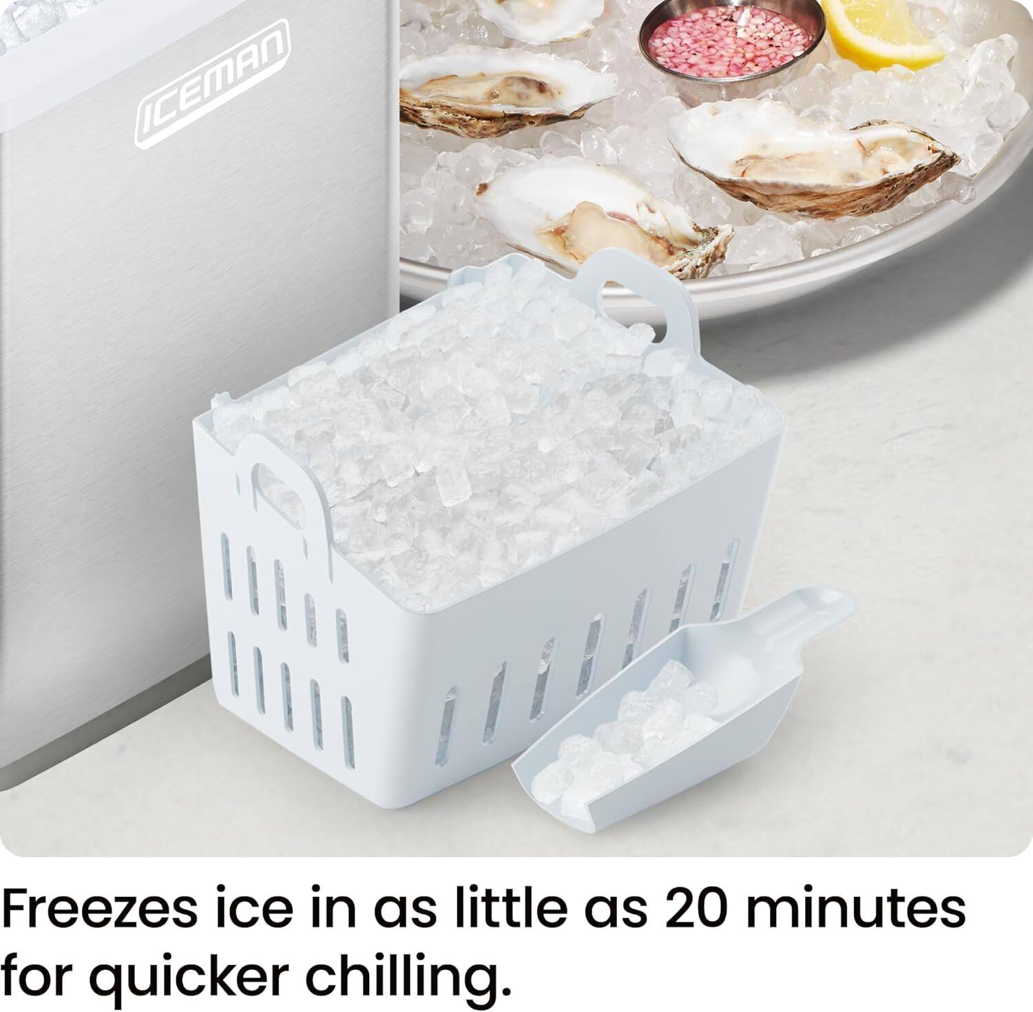 Freezes ice in as little as 20 minutes for quicker chilling.