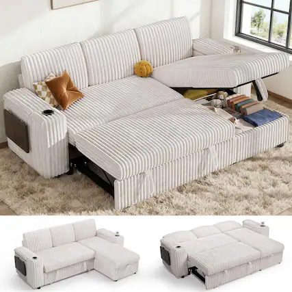 Front. Dyonery - Dyonery 85" Modular Sectional Sleeper Sofa with Pull Out Bed, 3 Seat L Shaped with Reclining Backrest,Corduroy Beige - Beige.