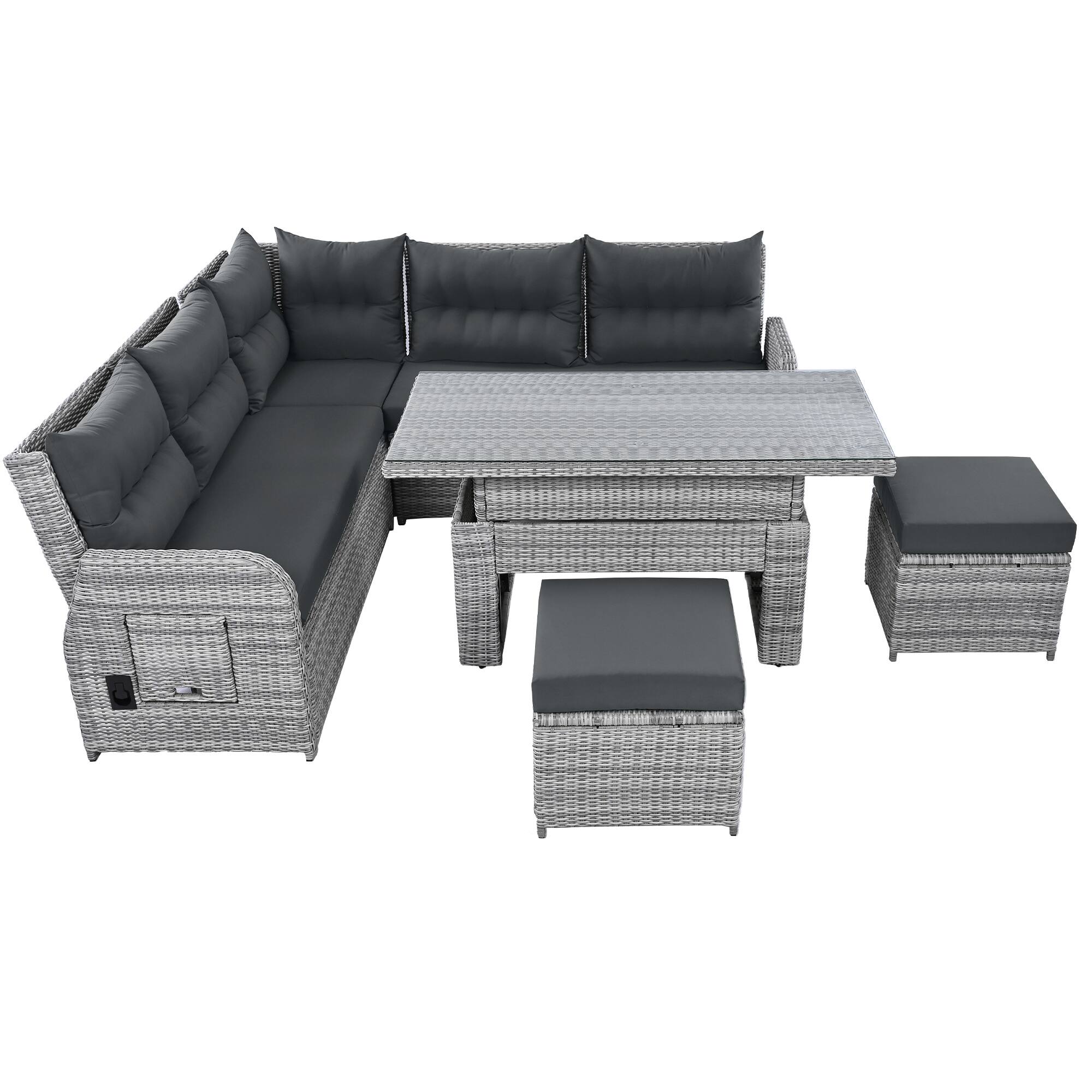 Left. Mondawe - Outdoor Rattan Furniture Set with an Adjustable Table, Recliners with Extendable Side Tables, and Two Ottomans - Grey.