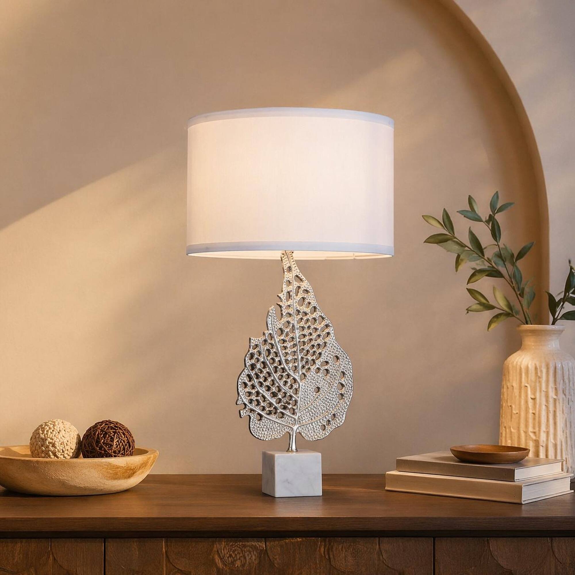 Left. RYHNUYNE - Modern White and Silver Leaf Table Lamp with Marble Cube Base and Drum Shade, 15 x 29.3 Inches, for Bedside, Desk - White.