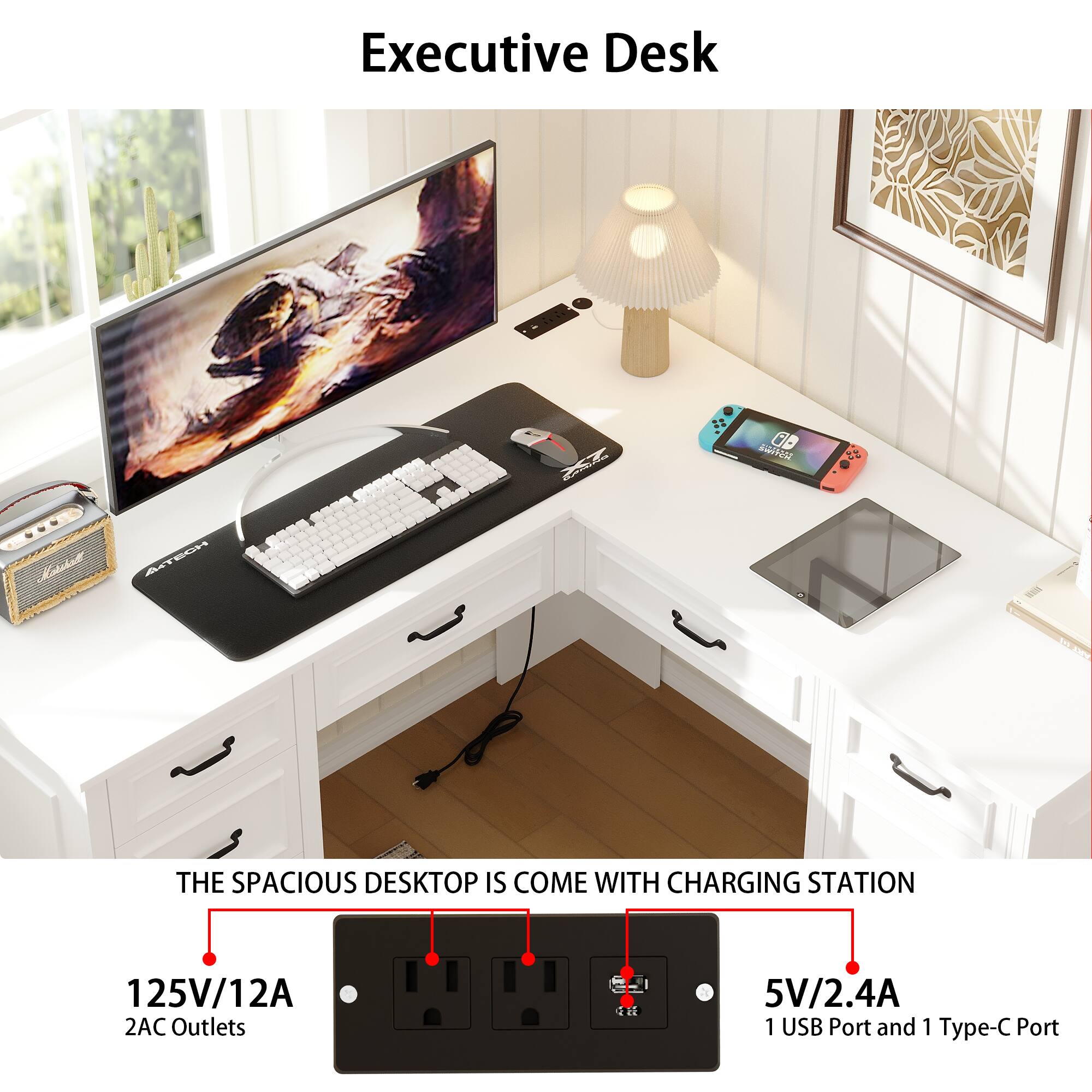 Executive Desk ... Kdd ATECH A1 MK RN GD TN THE SPACIOUS DESKTOP IS COME WITH CHARGING STATION 125V/12A 2AC Outlets  5V/2.4A 1 USB Port and 1 Type-C Port