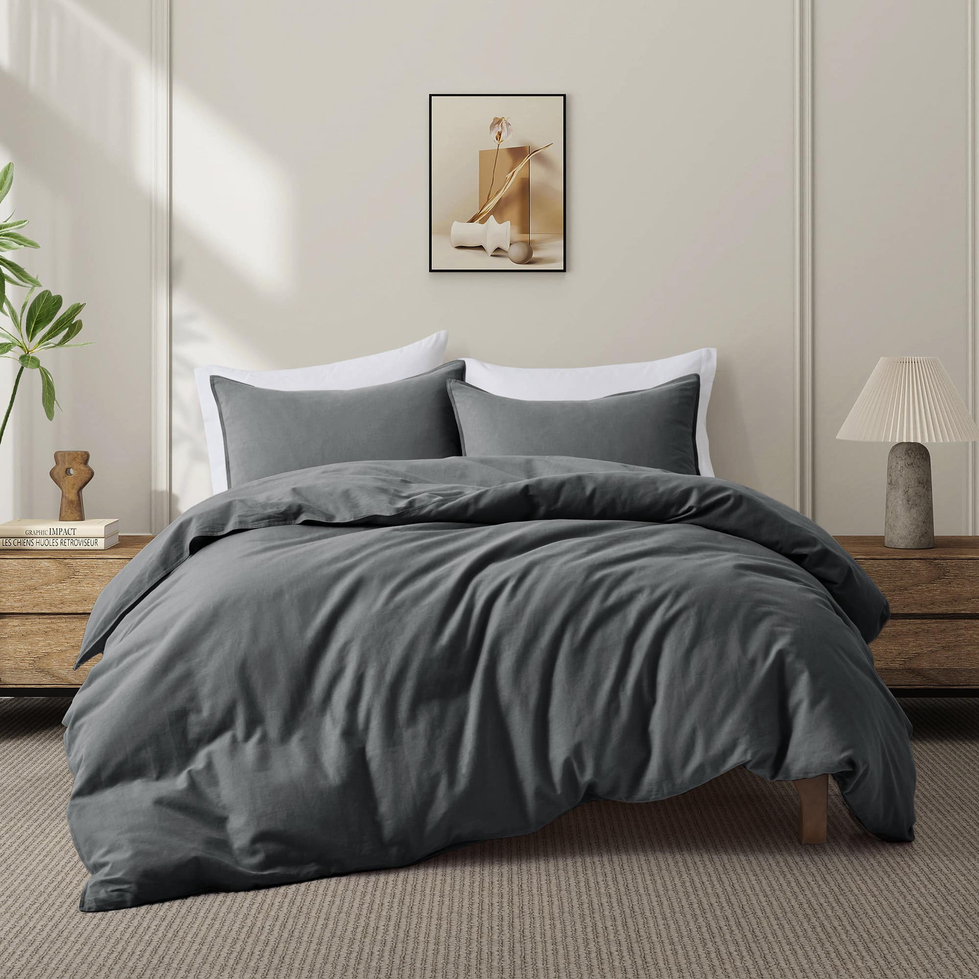 Peace Nest - Linen Cotton Blend Duvet Cover Set, Twin - Dark Gray