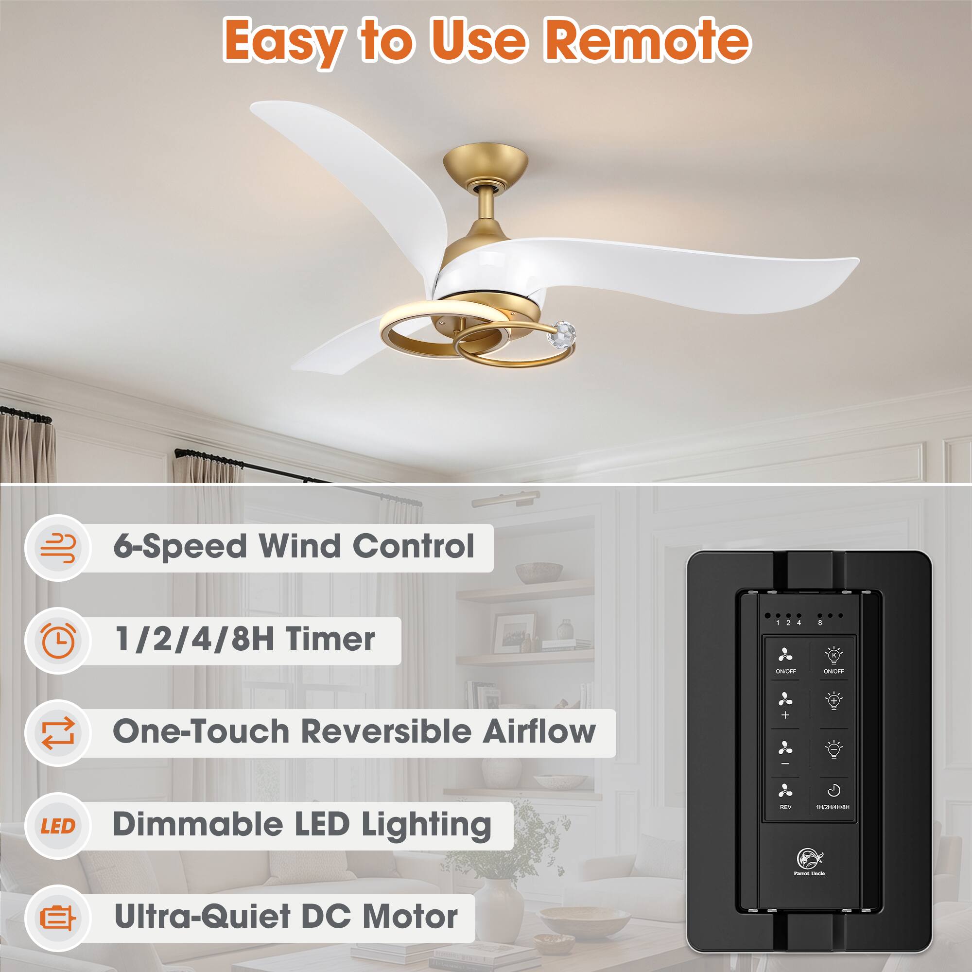 Easy to Use Remote

- 6-Speed Wind Control
- 1/2/4/8H Timer
- One-Touch Reversible Airflow
- Dimmable LED Lighting
- Ultra-Quiet DC Motor
