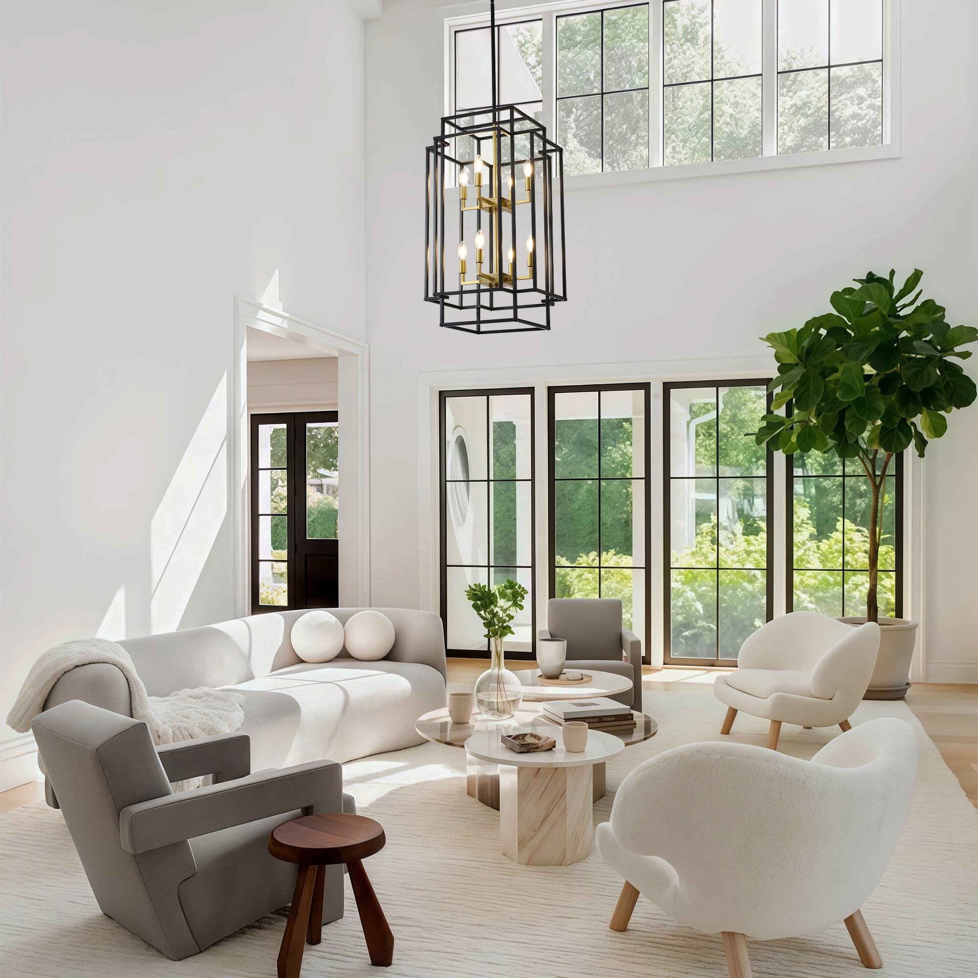 Angle. RYHNUYNE - 8-Light Lantern Tiered Pendant Light Fixtures,Black Farmhouse Chandelier for Kitchen Island,Dining Room Light Fixture Ov - Black.