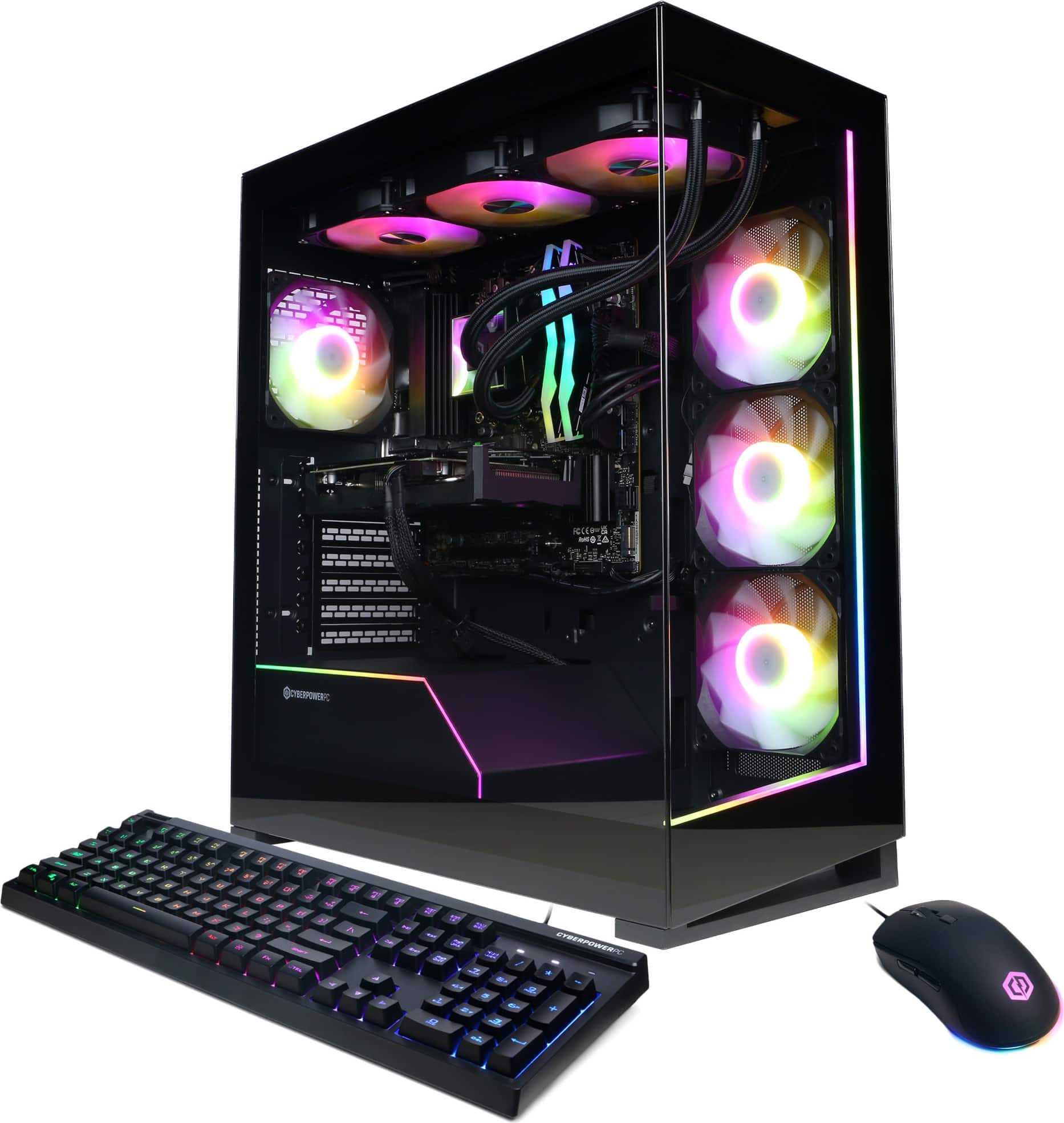 The image features a black computer tower with a keyboard and mouse placed in front of it. The keyboard is black and has a purple and green color scheme. The mouse is also black and has a purple and green color scheme. The computer tower is equipped with a colorful lighting system, adding a visually appealing touch to the setup.