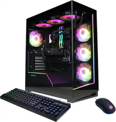 The image features a black computer tower with a keyboard and mouse placed in front of it. The keyboard is black and has a purple and green color scheme. The mouse is also black and has a purple and green color scheme. The computer tower is equipped with a colorful lighting system, adding a visually appealing touch to the setup.