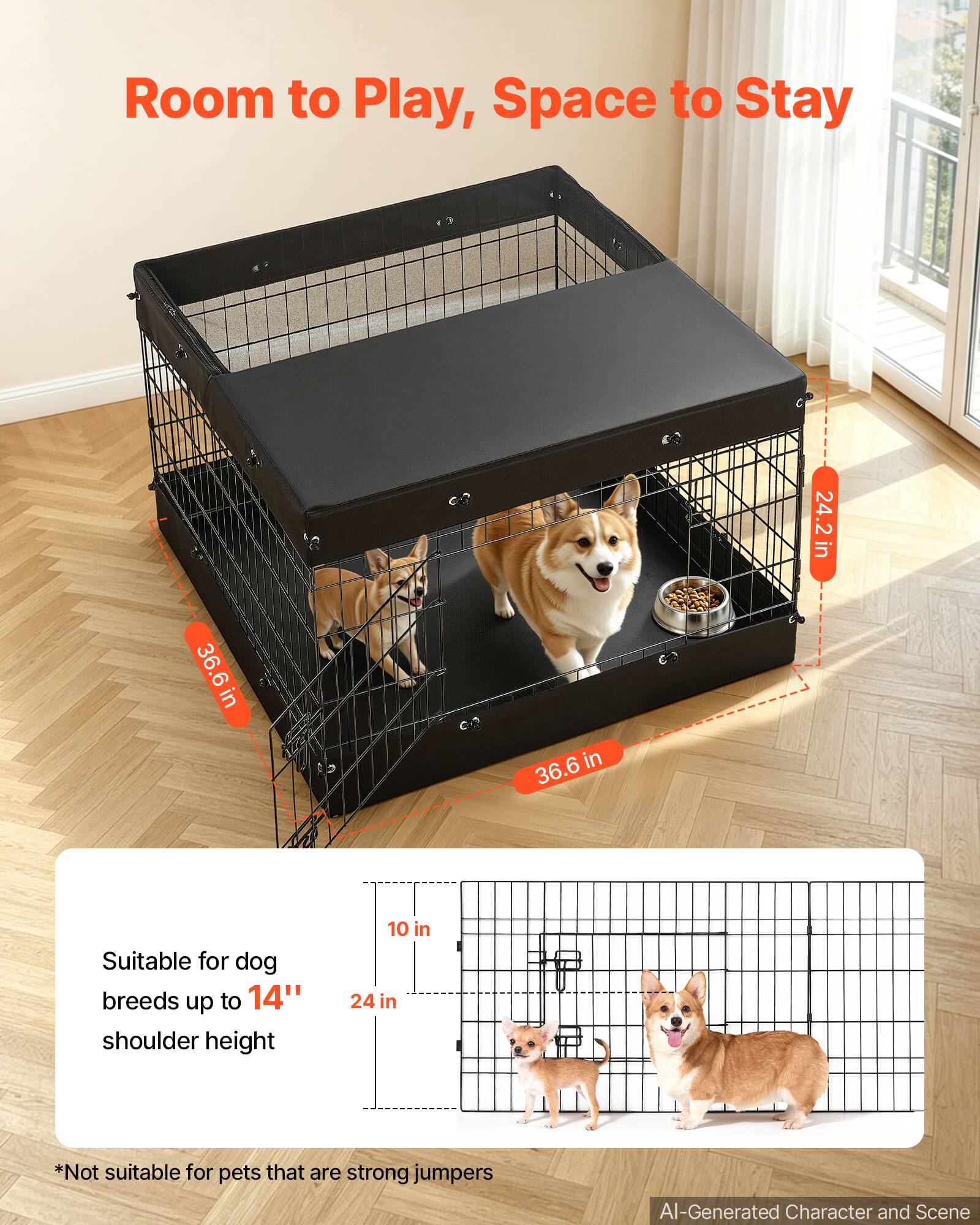 Room to Play, Space to Stay

24.2 in x 36.6 in

Suitable for dog breeds up to 14" shoulder height

*Not suitable for pets that are strong jumpers

AI-Generated Character and Scene