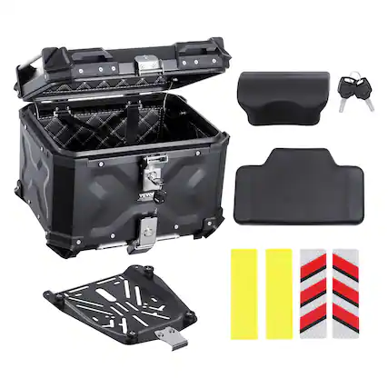 Front. VEVOR - Motorcycle Top Case, Universal Aluminum Alloy Motorbike Tail Box with Leather Lining, 55L Waterproof Detachable - Black.