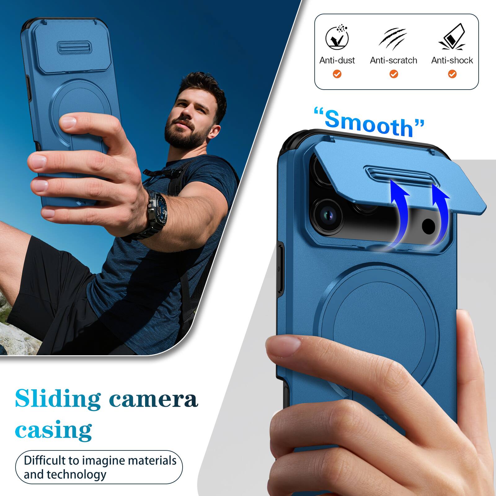 Anti-dust  
Anti-scratch  
Anti-shock  
"Smooth"  
Sliding camera casing  
Difficult to imagine materials and technology
