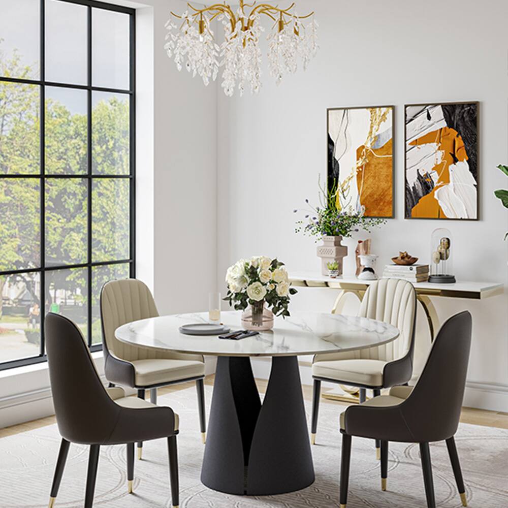 Angle. POVISON - 47" Modern Round White Dining Table for 4, Matte Sintered Stone Tabletop, Solid Black Carbon Steel Base - Matte White Sintered Stone & Black Steel Base.