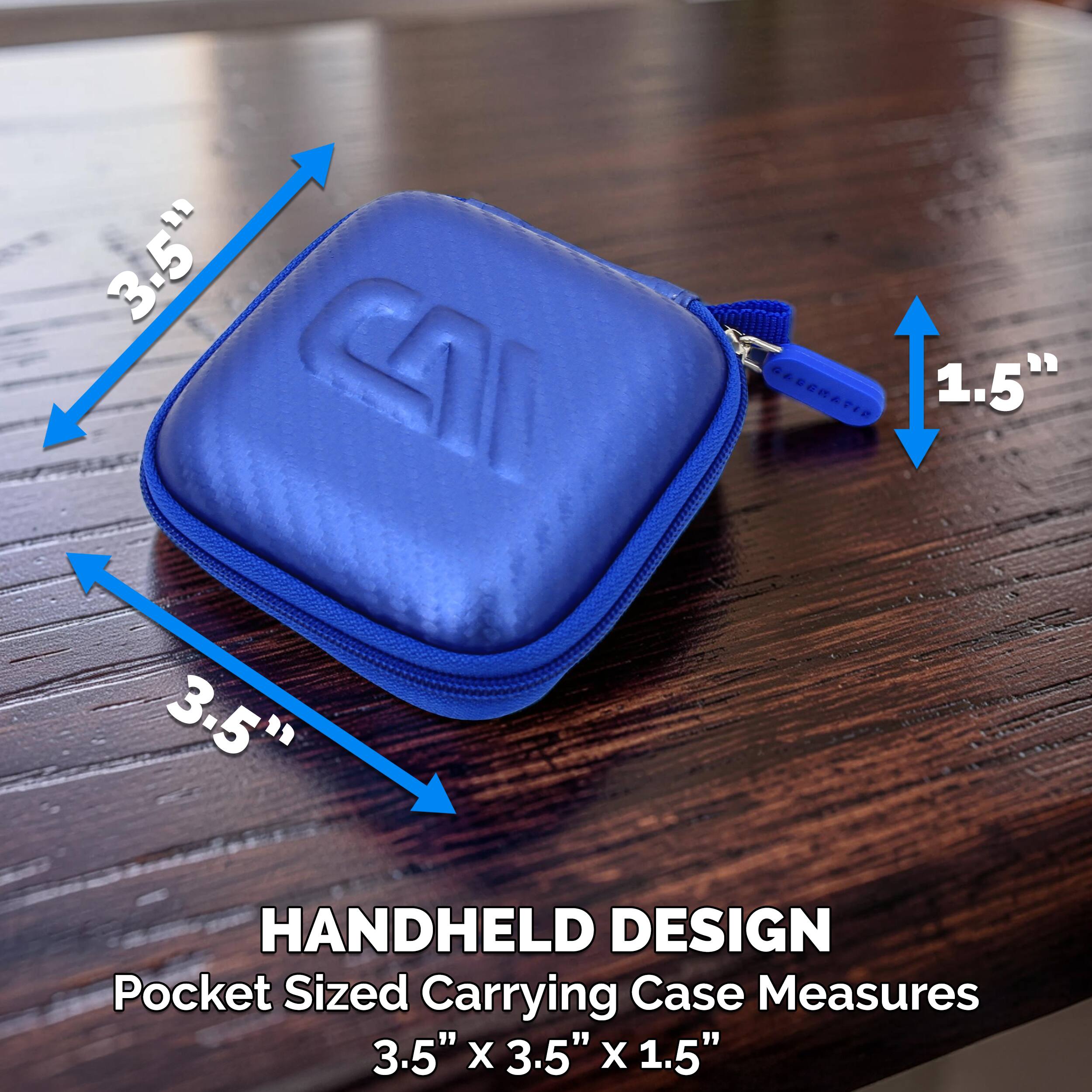 3.5" CA 3.5" GADERATID 1.5" HANDHELD DESIGN Pocket Sized Carrying Case Measures 3.5" x 3.5" x 1.5"