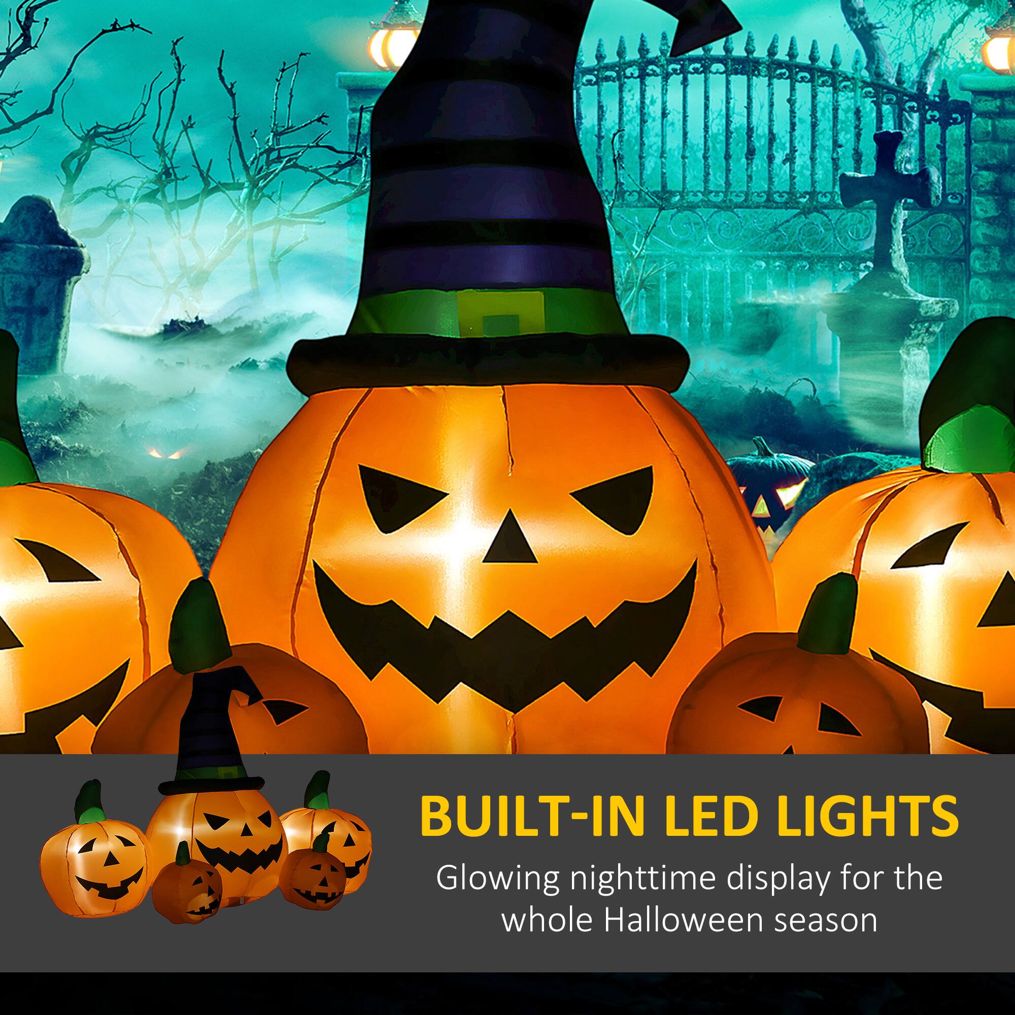 BUILT-IN LED LIGHTS: Glowing nighttime display for the whole Halloween season.
