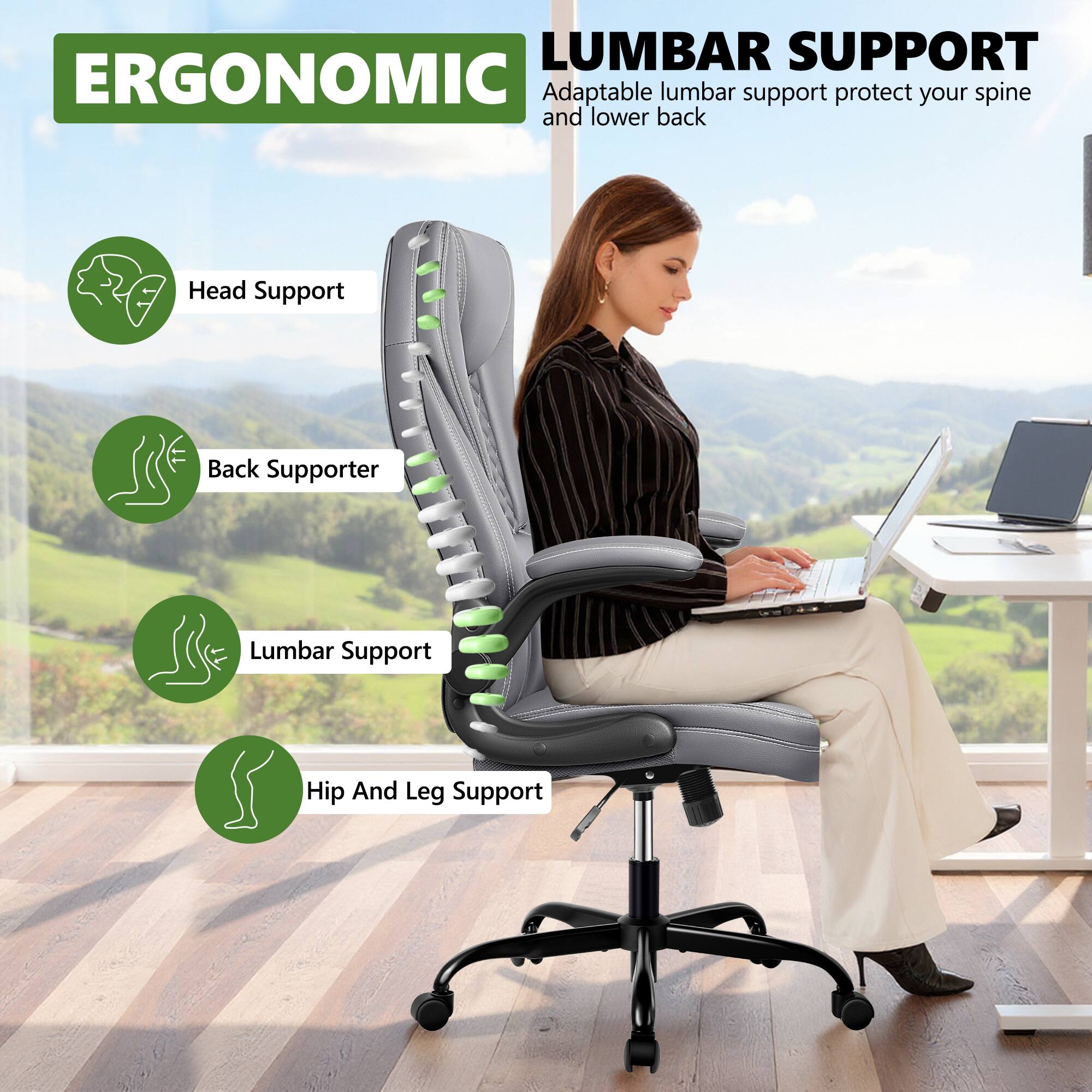 ERGONOMIC

LUMBAR SUPPORT
Adaptable lumbar support protect your spine and lower back

- Head Support
- Back Supporter
- Lumbar Support
- Hip And Leg Support