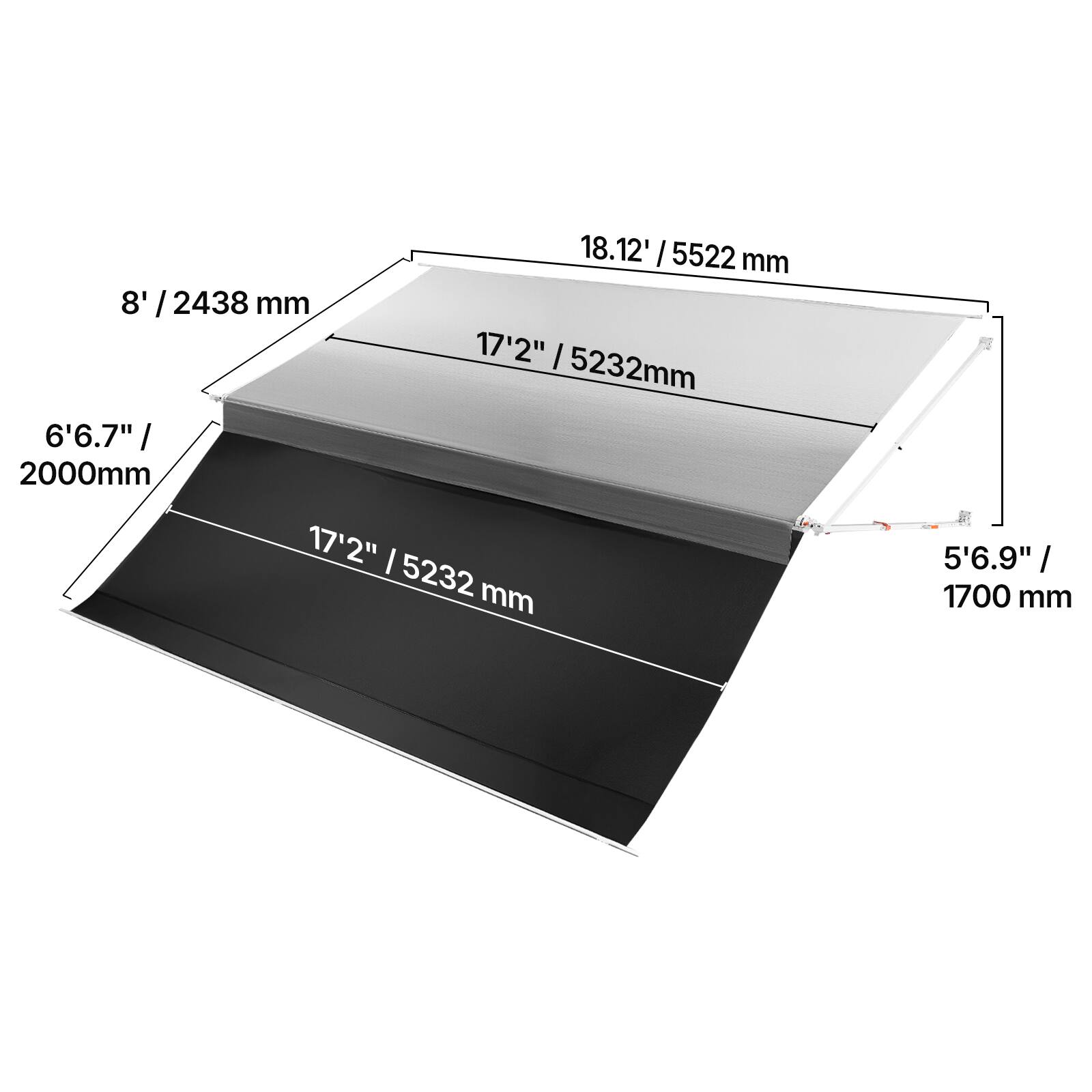 8' / 2438 mm  
6'6.7" / 2000mm  
18.12' / 5522 mm  
17'2" / 5232mm  
5'6.9" / 1700 mm