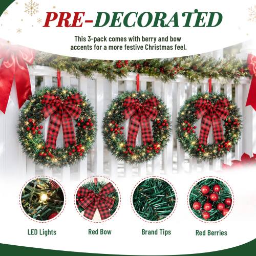 PRE-DECORATED

This 3-pack comes with berry and bow accents for a more festive Christmas feel.

LED Lights
Red Bow
Brand Tips
Red Berries