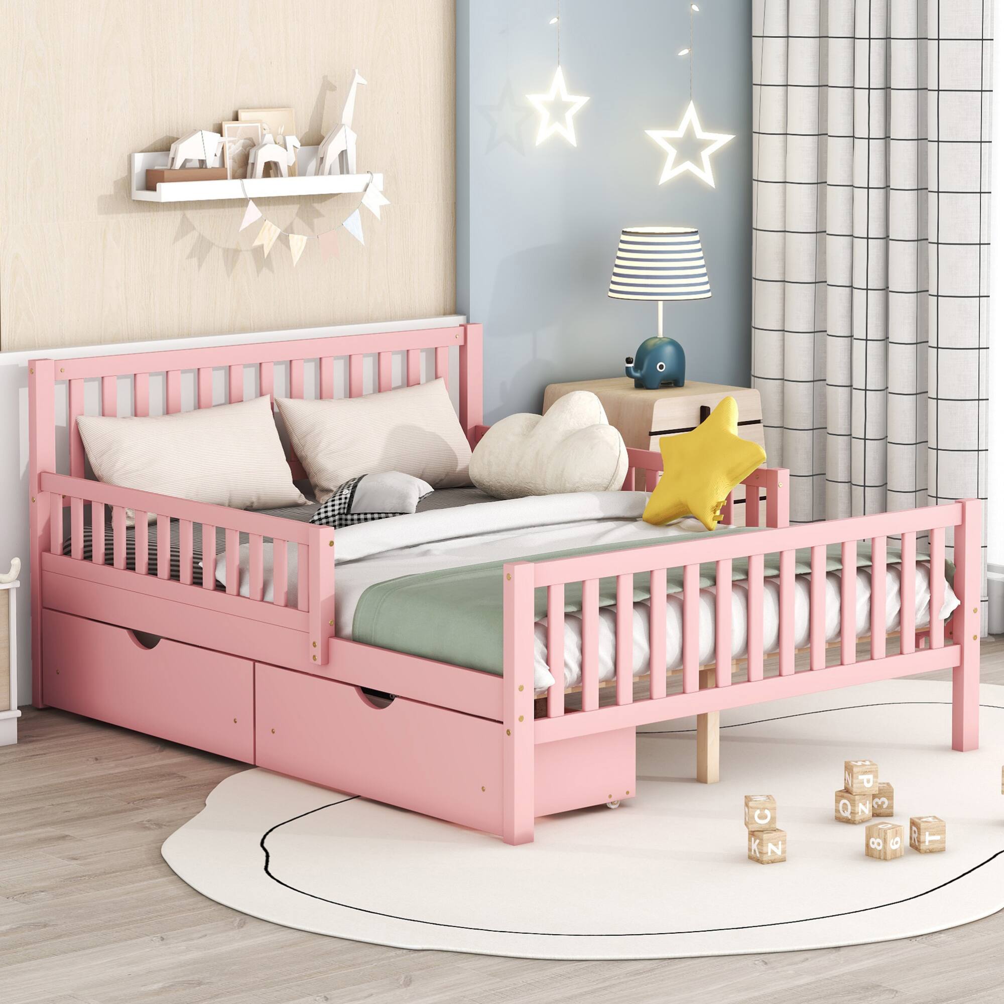 Angle. GOODSILO - Full Size Wood Platform Bed with Guardrails, Storage Drawers, and Minimalist Headboard for Modern Bedrooms - Pink.