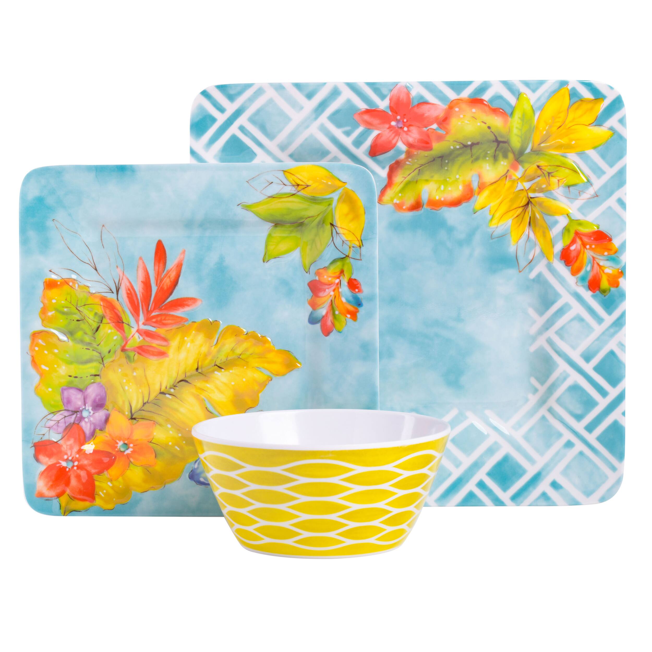 Alt View 1. Laurie Gates - Laurie Gates Tropicalla 12 Piece Square Melamine Dinnerware Set - Blue.