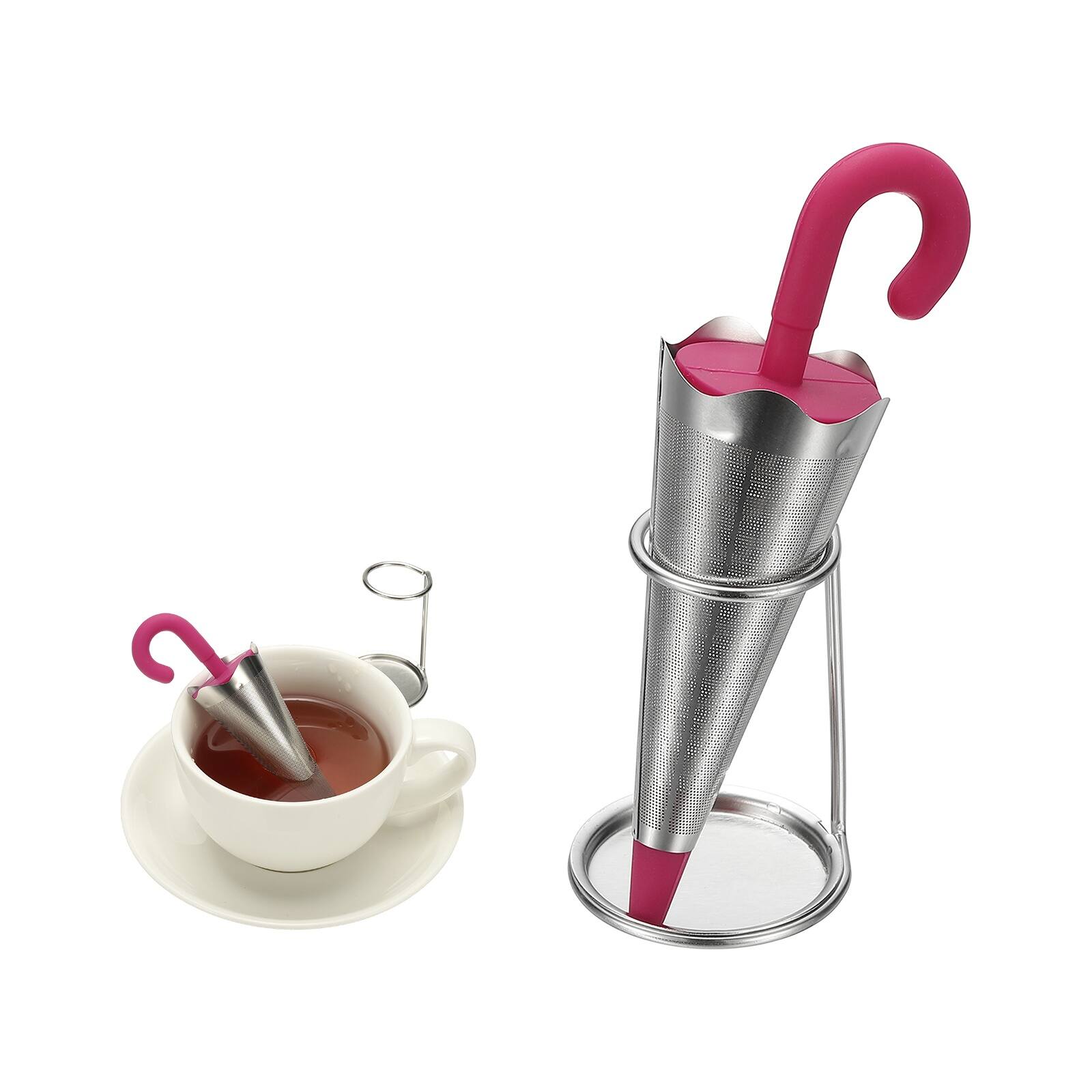 Front. Unique Bargains - Umbrella Tea Infuser, Stainless Steel Loose-Leaf Steeper w/ Silicone Handle, Reusable Thin Mesh for Teacups & Teapots - Rose Red.