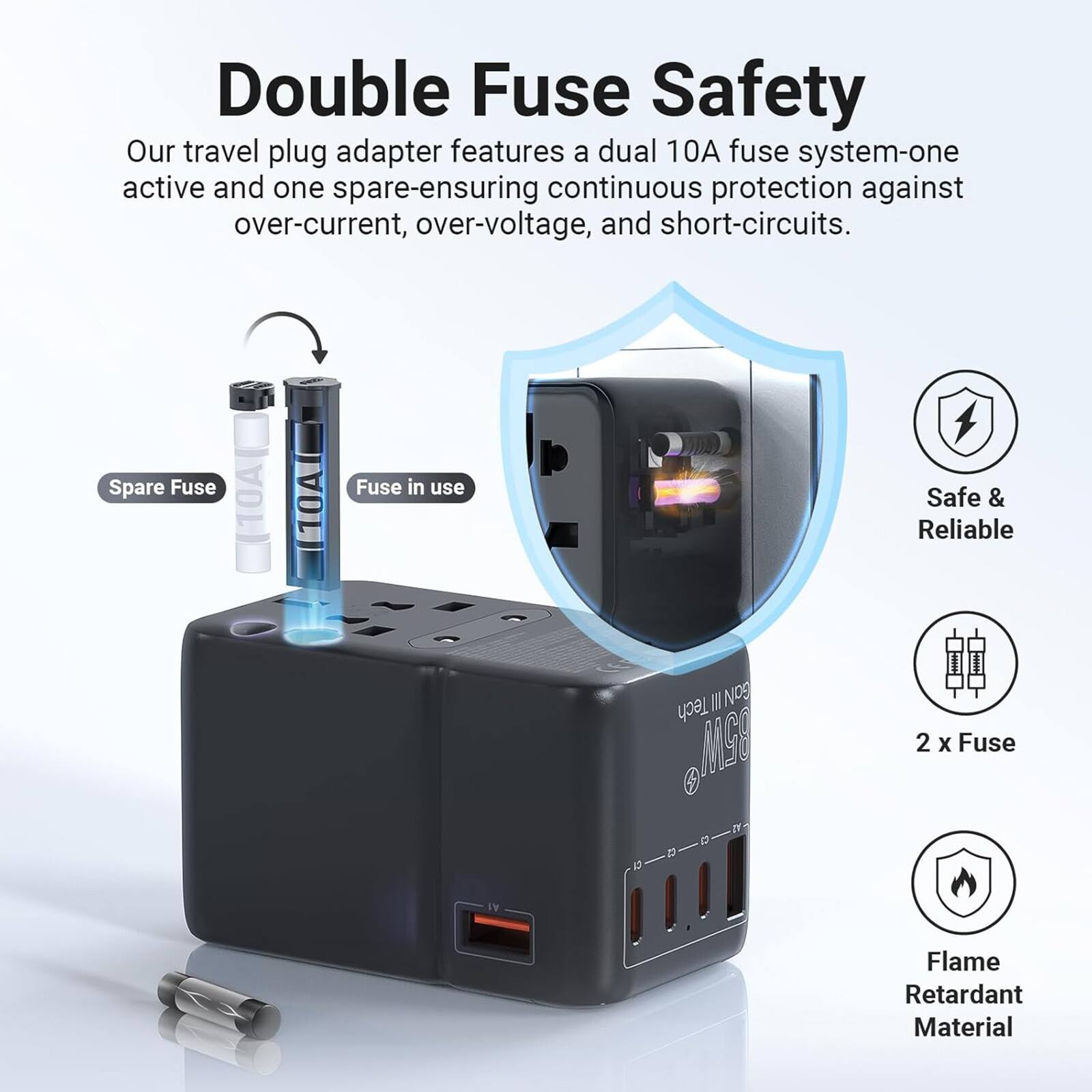 Double Fuse Safety: Our travel plug adapter features a dual 10A fuse system - one active and one spare - ensuring continuous protection against over-current, over-voltage, and short-circuits. Spare Fuse (10A Fuse in use): Safe & Reliable II SON Tech B5W + 2 x Fuse Flame Retardant Material.