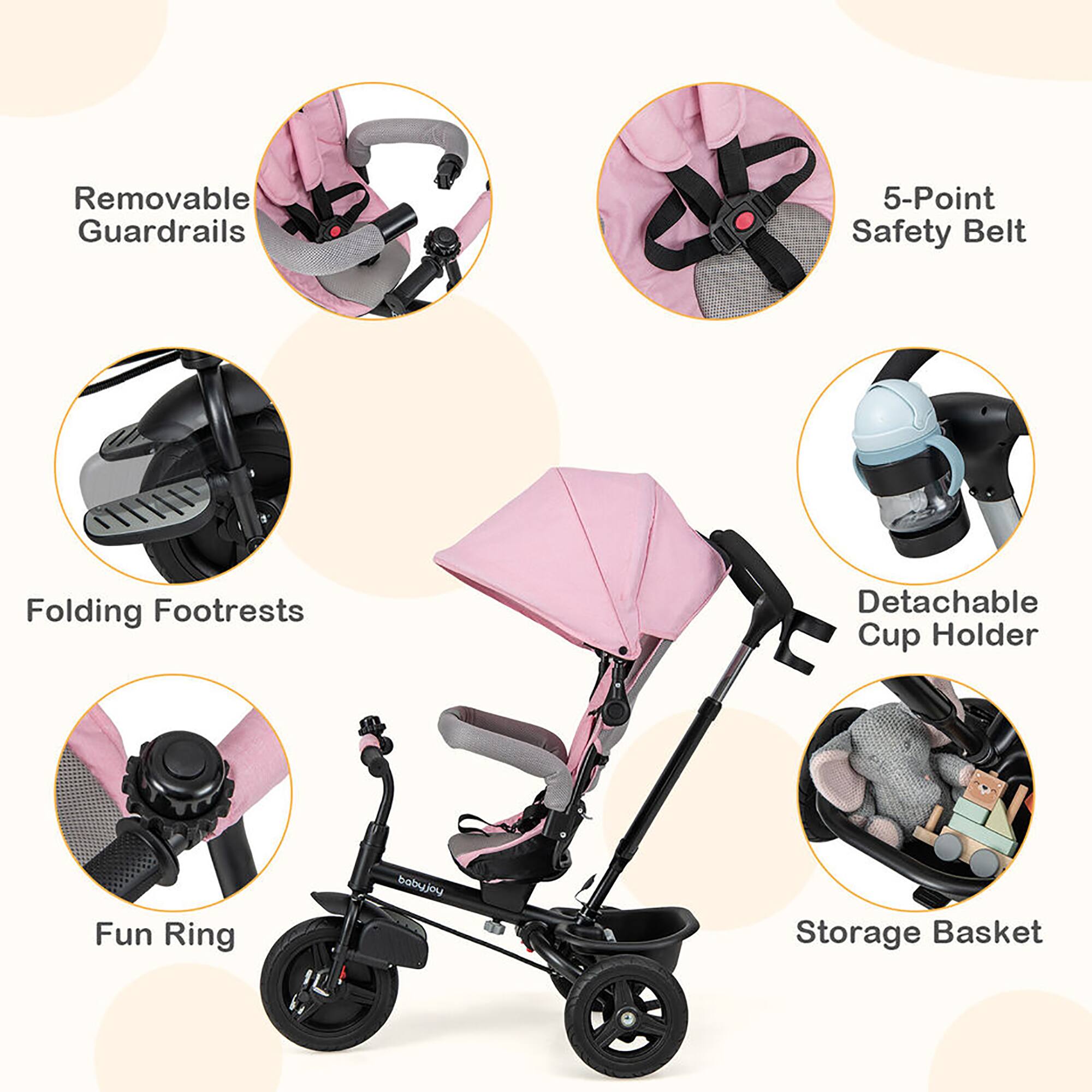 - Removable Guardrails
- 5-Point Safety Belt
- Folding Footrests
- Detachable Cup Holder
- Fun Ring
- Storage Basket