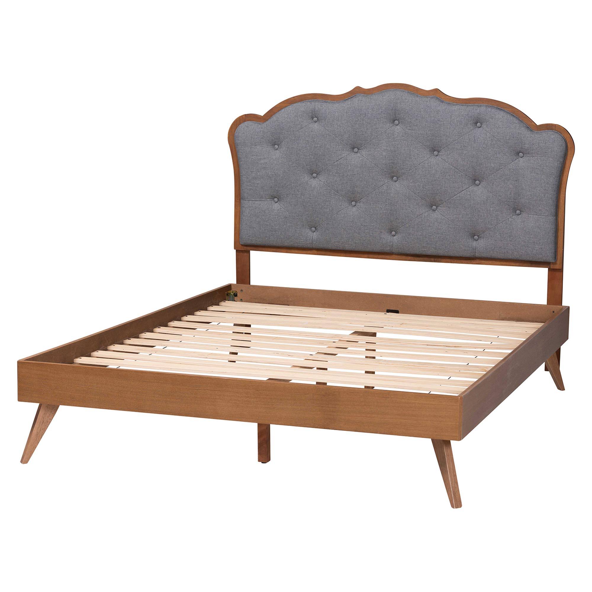 Left. Baxton Studio - Aithan Platform Bed - Mid-Century Modern Bed with Upholstered Headboard and Button Tufted Design, Queen - Ash Walnut/Grey.