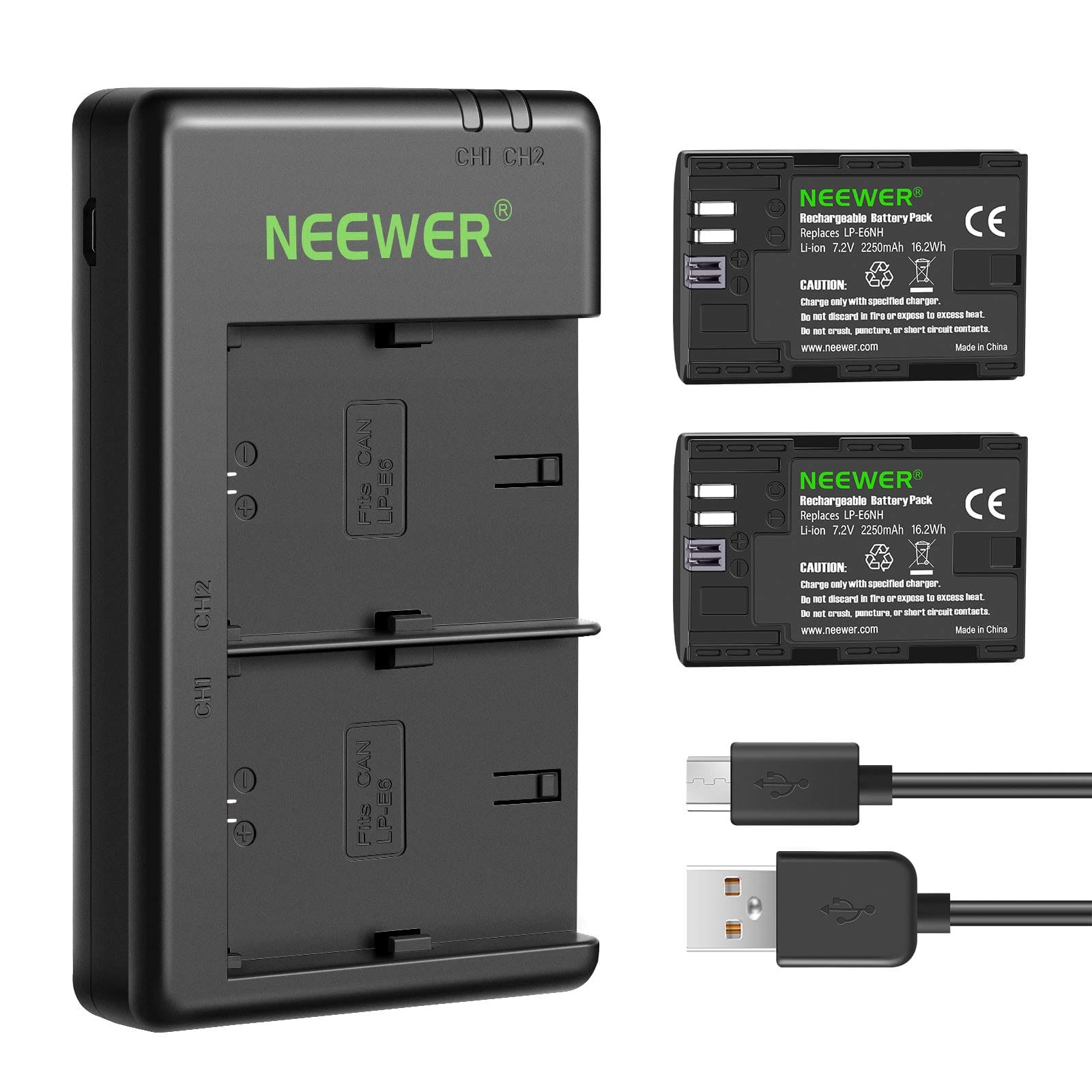 Neewer - LP-E6NH Battery & Charger Set, 2-Pack 2250mAh, Dual USB, Canon EOS