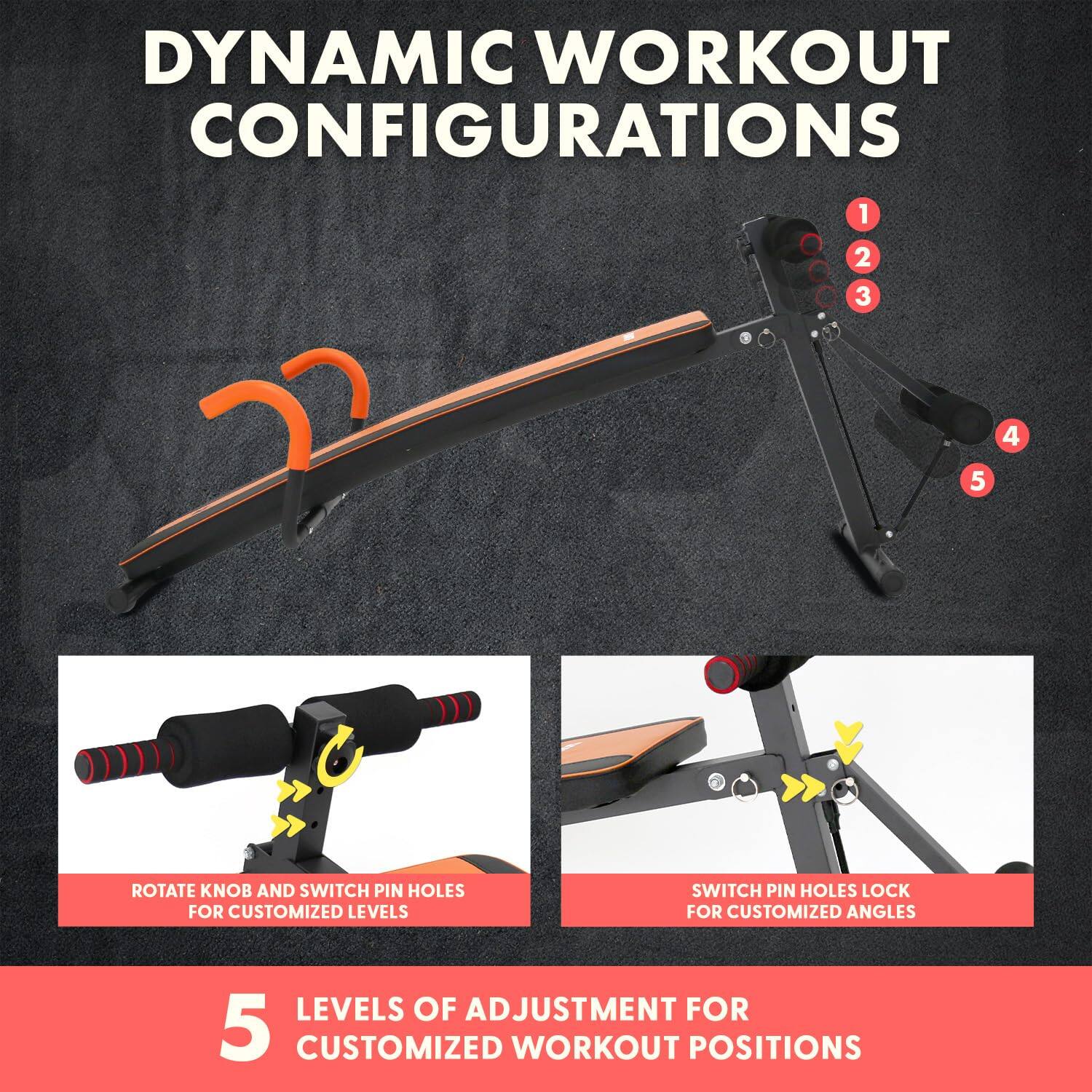 DYNAMIC WORKOUT CONFIGURATIONS

1. ROTATE KNOB AND SWITCH PIN HOLES FOR CUSTOMIZED LEVELS
2. SWITCH PIN HOLES LOCK FOR CUSTOMIZED ANGLES

5 LEVELS OF ADJUSTMENT FOR CUSTOMIZED WORKOUT POSITIONS
