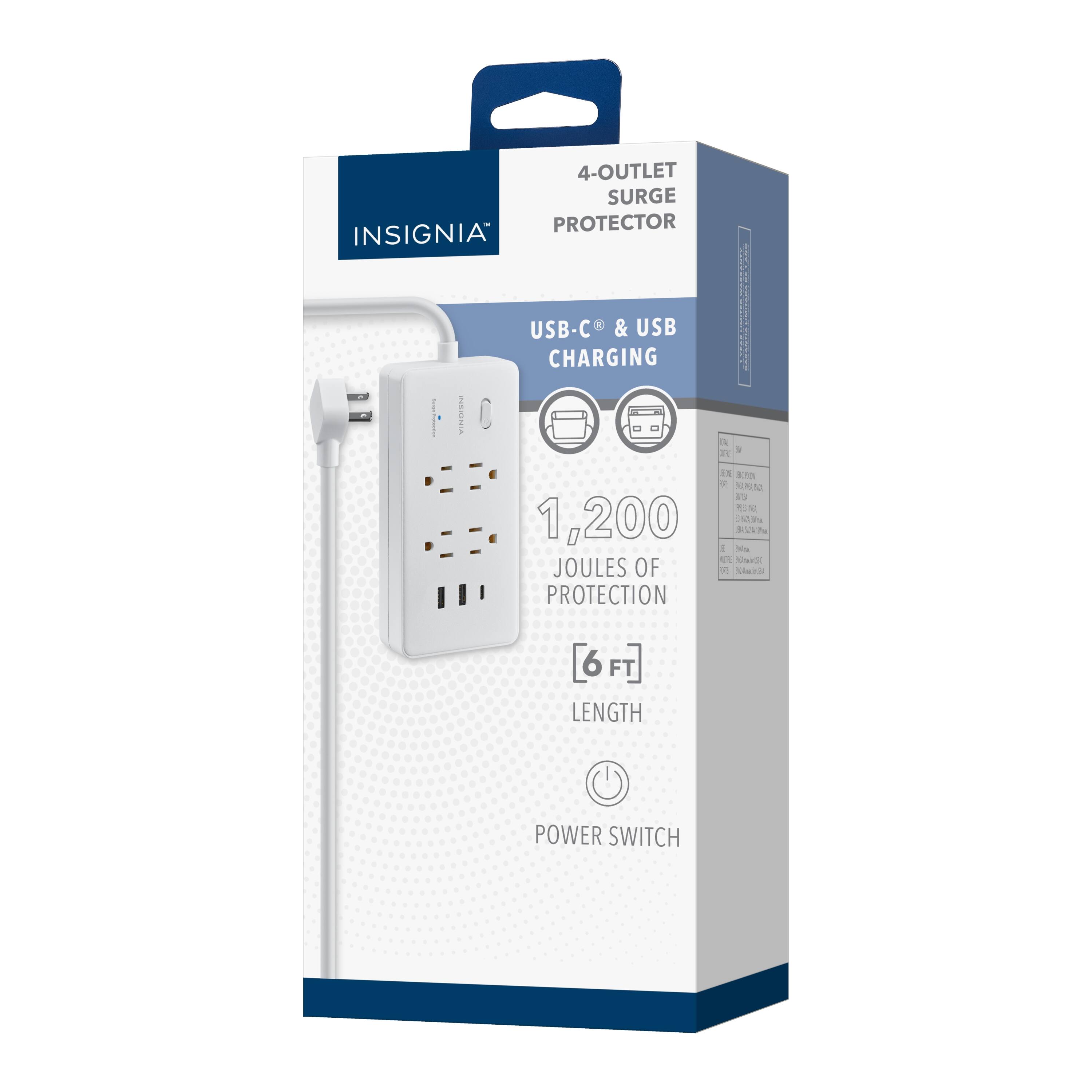 4-Outlet Surge Protector  
Insignia USB-C & USB Charging  
1,200 Joules of Protection  
6 FT Length  
Power Switch