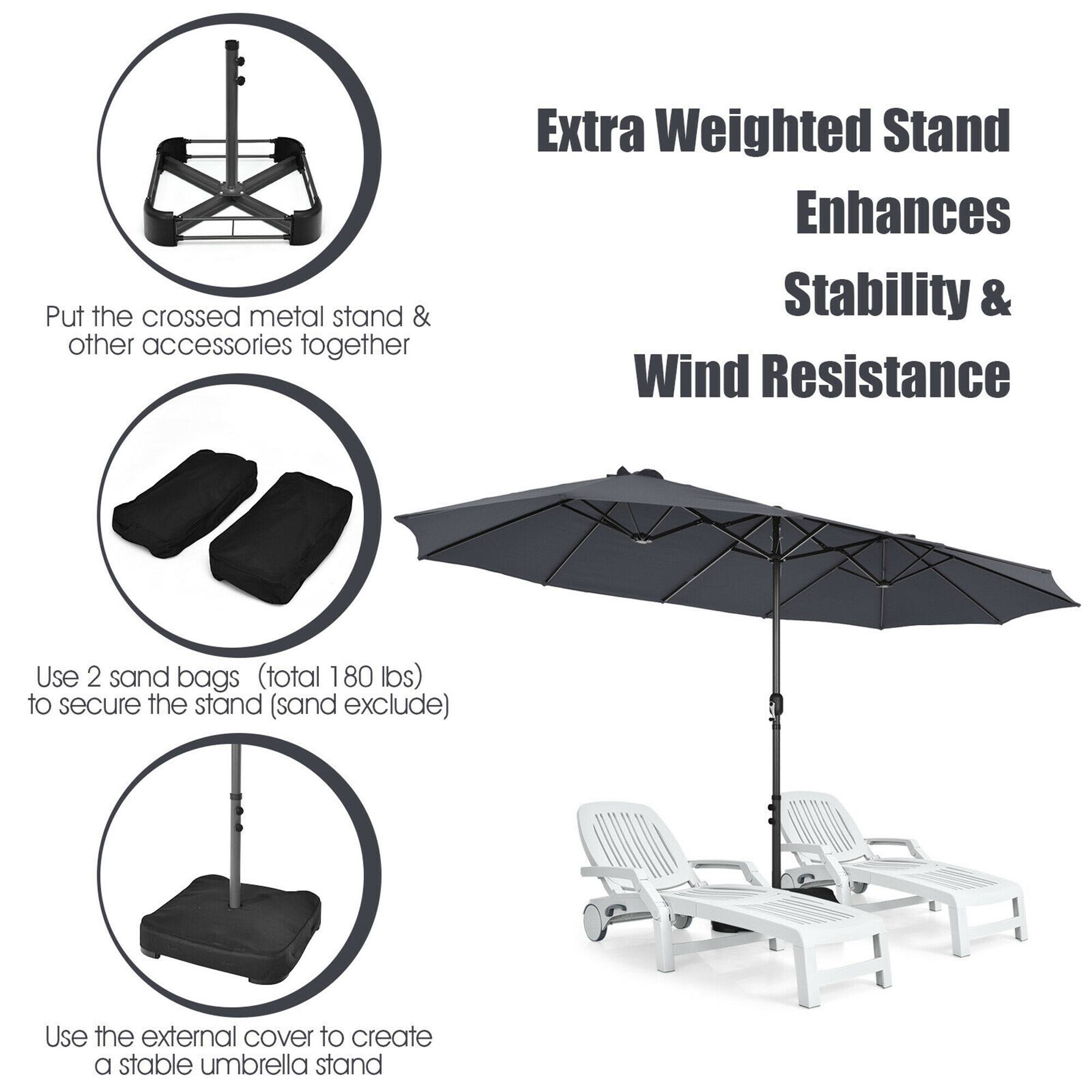 Extra Weighted Stand Enhances Stability & Wind Resistance

Put the crossed metal stand & other accessories together

Use 2 sand bags (total 180 lbs) to secure the stand (sand exclude)

Use the external cover to create a stable umbrella stand