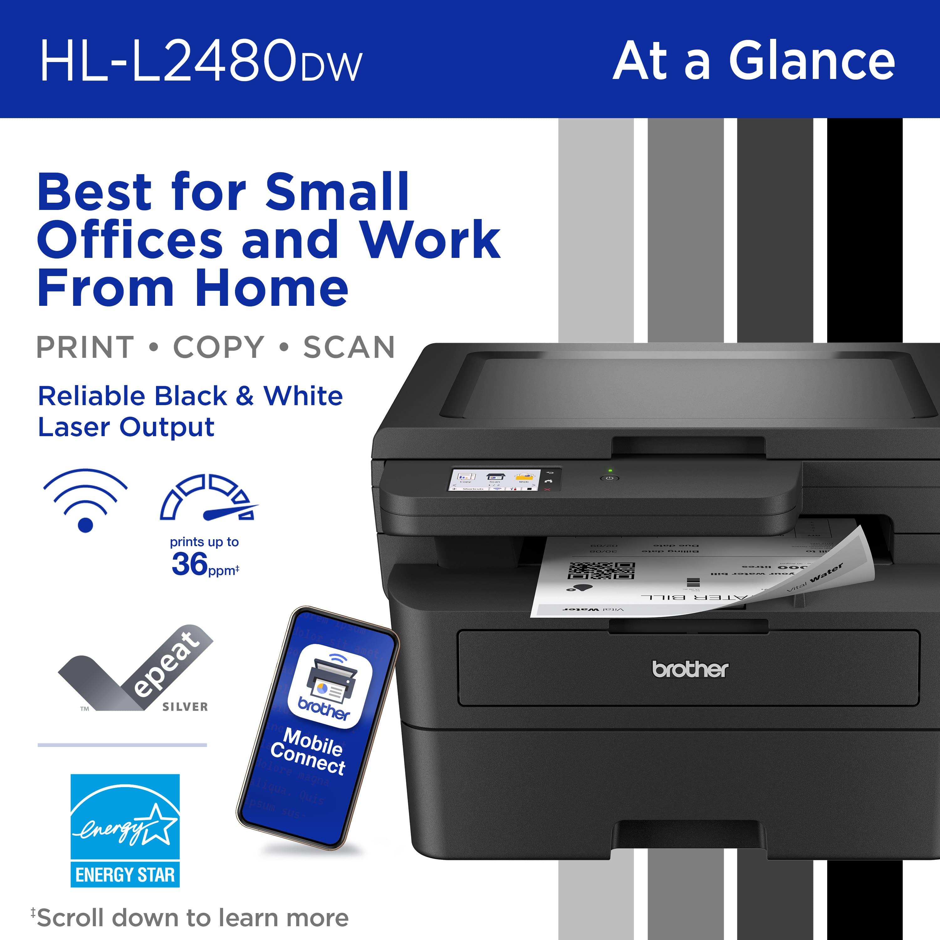 HL-L2480DW At a Glance: Best for Small Offices and Work From Home
PRINT:
COPY:
SCAN:
Reliable Black & White Laser Output: prints up to 36 ppm
Energy Star: energy-efficient and environmentally friendly
Brother Connect Mobile: seamless integration with mobile devices
EPEAT Silver: recognized for its environmental performance
Water: designed to reduce water consumption
Scroll down to learn more.