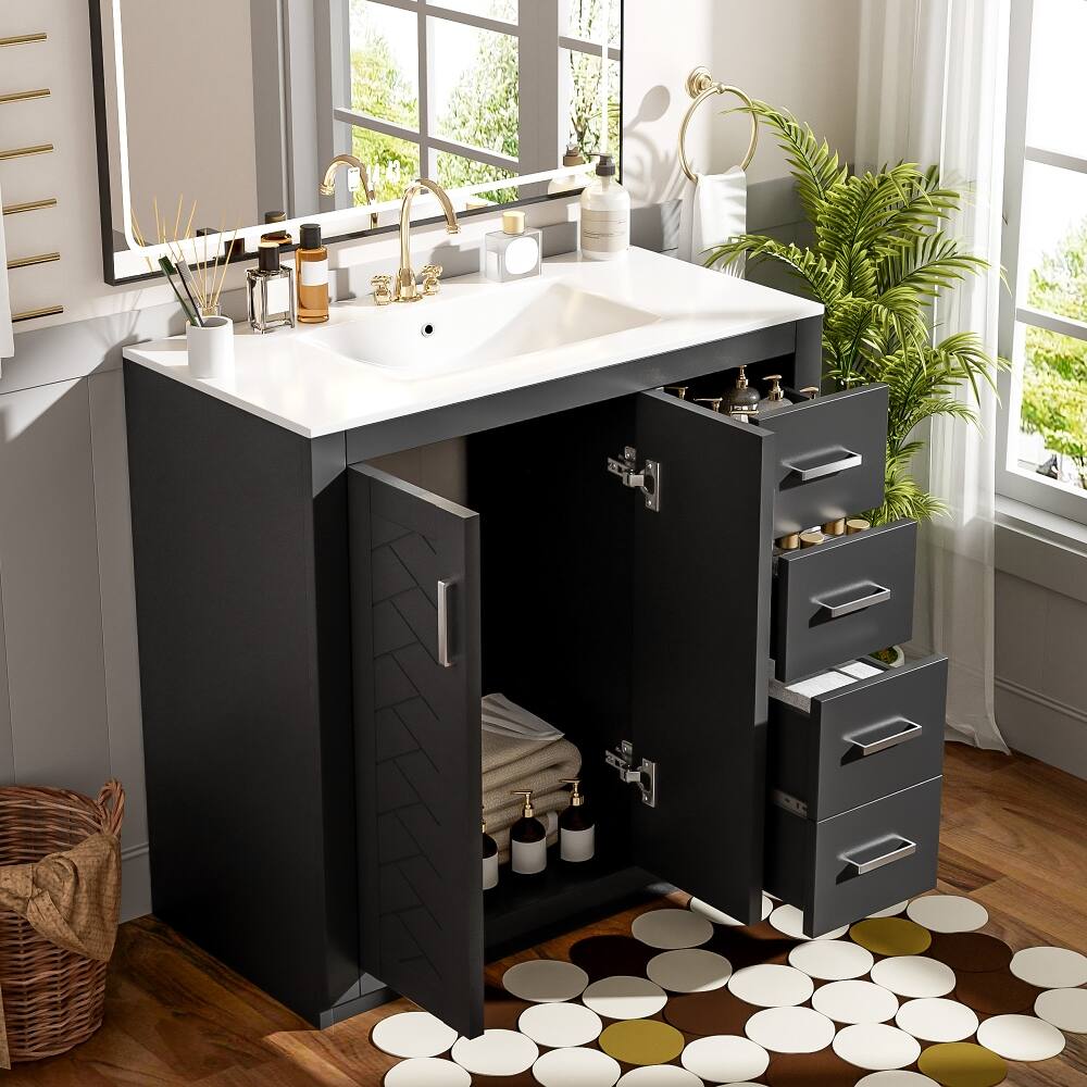 Back. Loheer - Loheer 36 inch bathroom vanity with sink Black Freestanding Solid Wood Frame - Black.