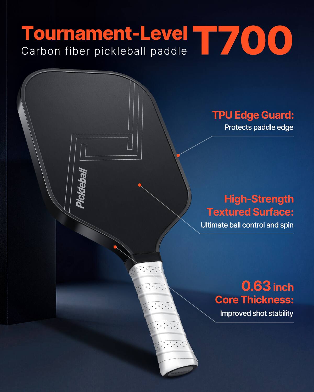 Tournament-Level T700  
Carbon fiber pickleball paddle  

TPU Edge Guard:  
Protects paddle edge  

High-Strength Textured Surface:  
Ultimate ball control and spin  

0.63 inch Core Thickness:  
Improved shot stability