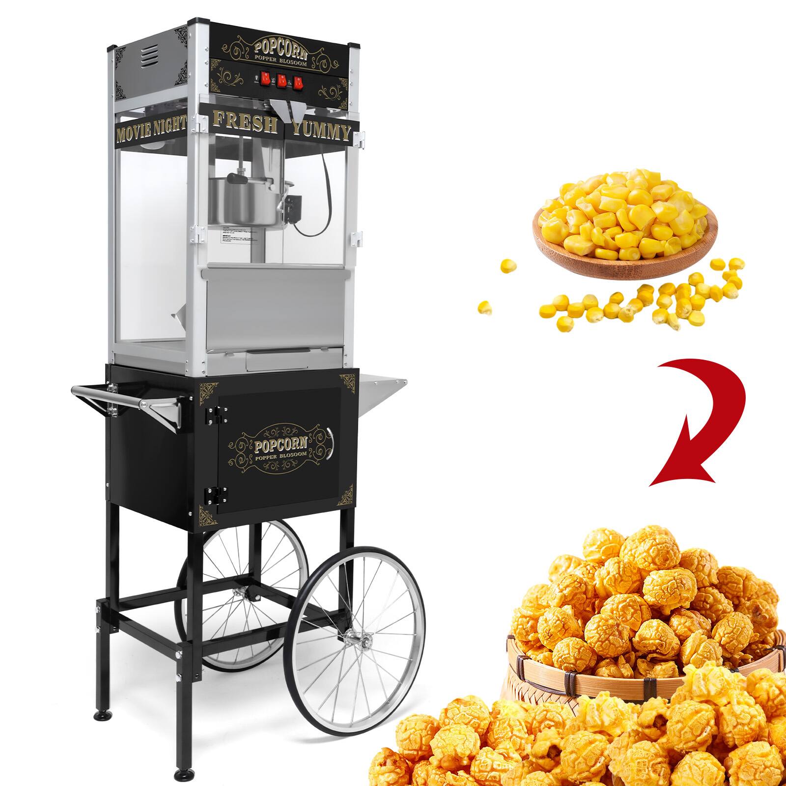 WETIE - Popcorn Maker with Cart & Wheels, 20 Oz 1440W Kettle Popcorn Machine w/ Tempered Glass, Warming Deck, Vintage-Style - Black