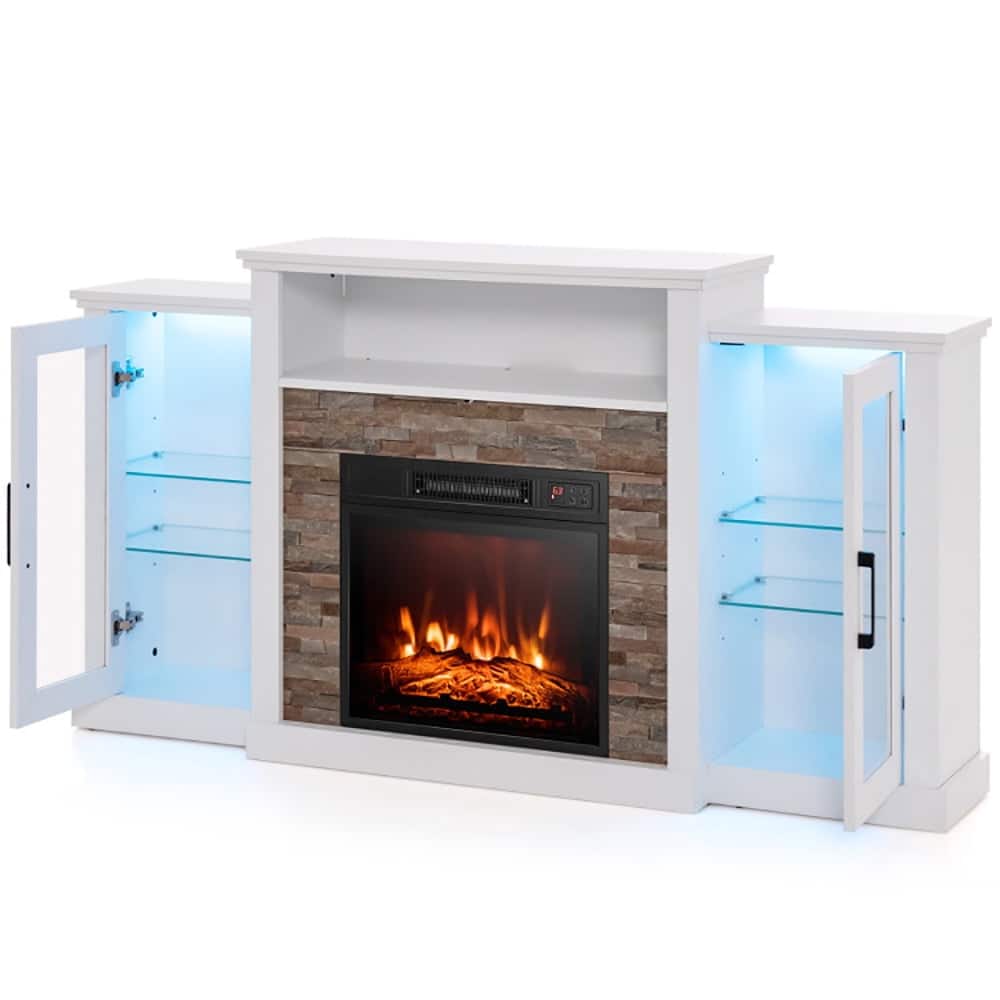 Pefilos - Fireplace TV Stand with 16-Color Led for TVs up to 65 Inch- Mid Century Modern Living Room Bedroom LED Lights - White