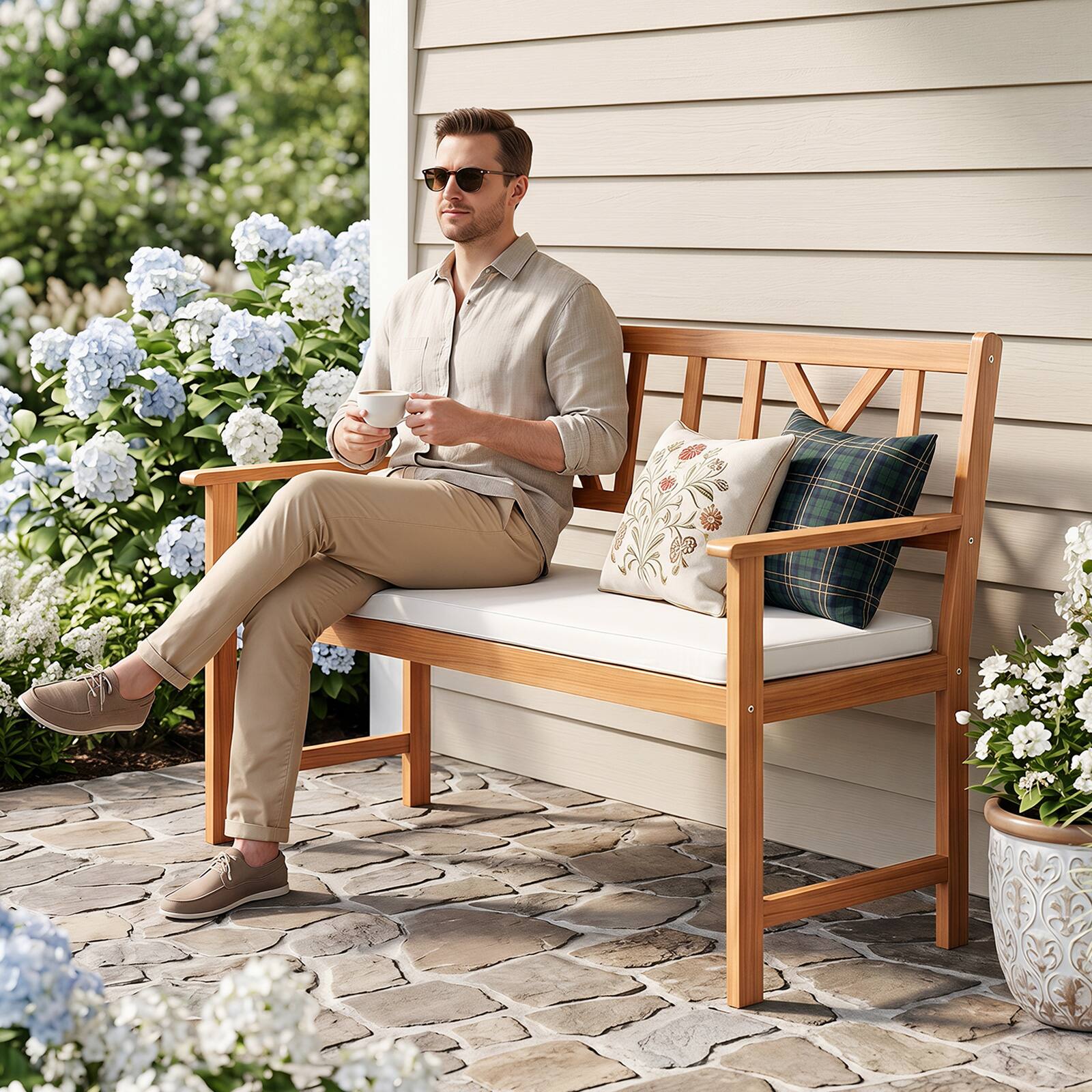 Alt View 4. Gymax - Gymax 2-Person Patio Acacia Wood Garden Chair w/ Removable Seat Cushion Armrests Natural & White - White.