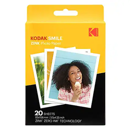 KODAK SMILE
ZINK Photo Paper
KODAK
20 SHEETS
89x108 mm | 3.5x4.25 inch
ZINK ZERO INK TECHNOLOGY