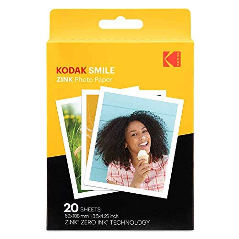 KODAK SMILE  
ZINK Photo Paper  
KODAK  
20 SHEETS  
89x108 mm | 3.5x4.25 inch  
ZINK ZERO INK TECHNOLOGY