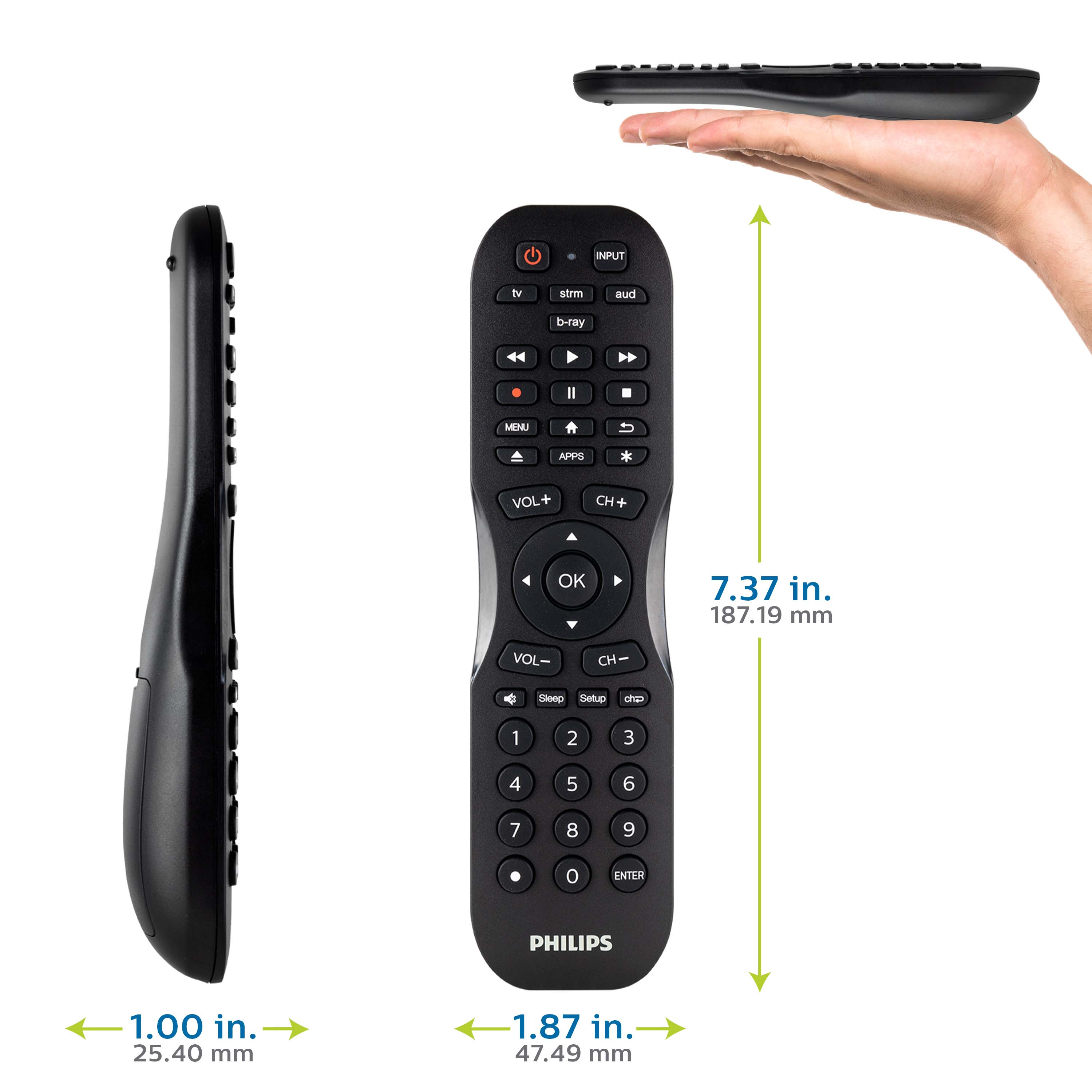 The image shows a remote control and a cell phone placed next to each other. The remote control is a Philips brand and measures 7.37 inches (187.19 mm) in length. The cell phone is slightly smaller, measuring 1.00 inch (25.40 mm) in length. The image also includes a person's hand holding the remote control, which is placed above the cell phone.