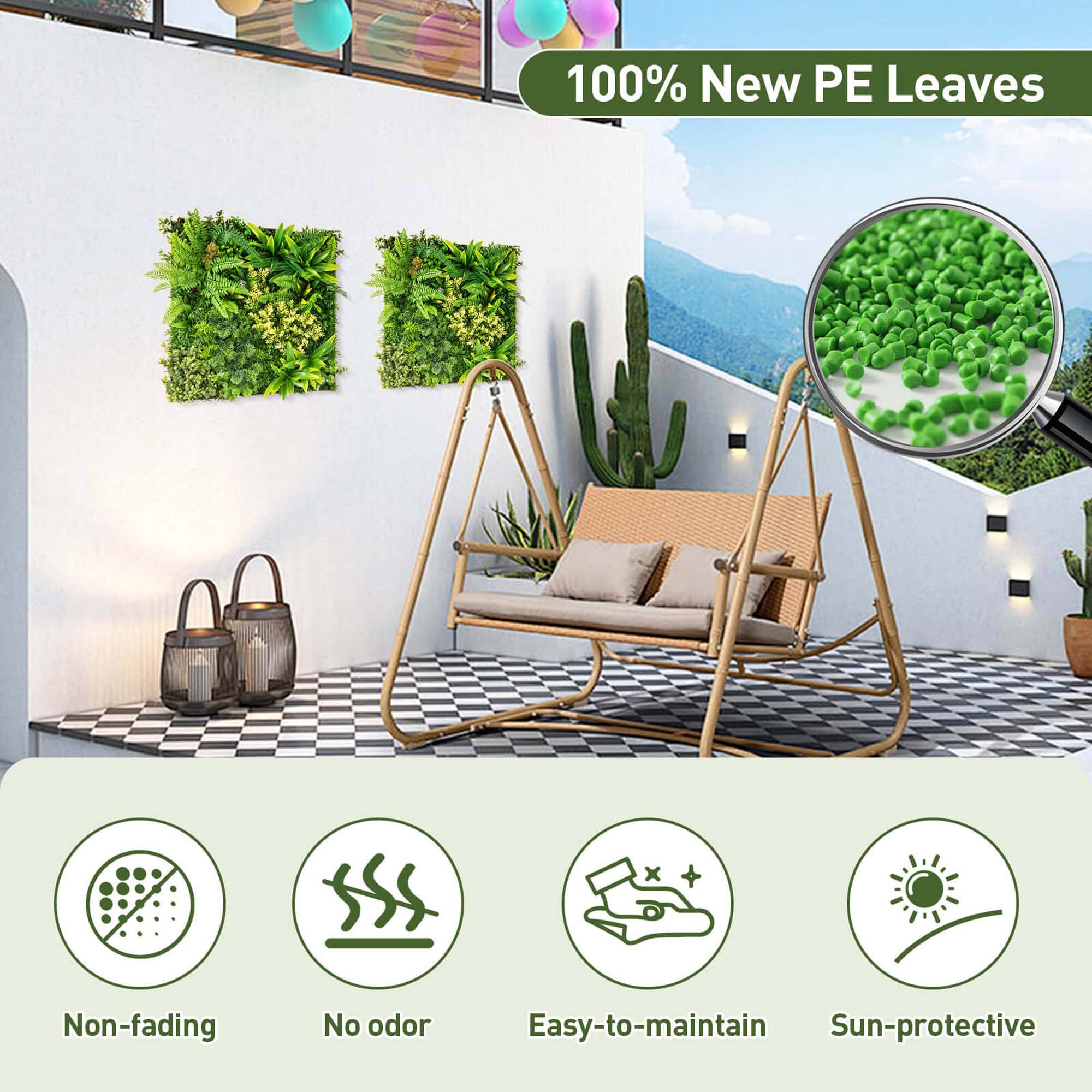 100% New PE Leaves

- Non-fading
- No odor
- Easy-to-maintain
- Sun-protective