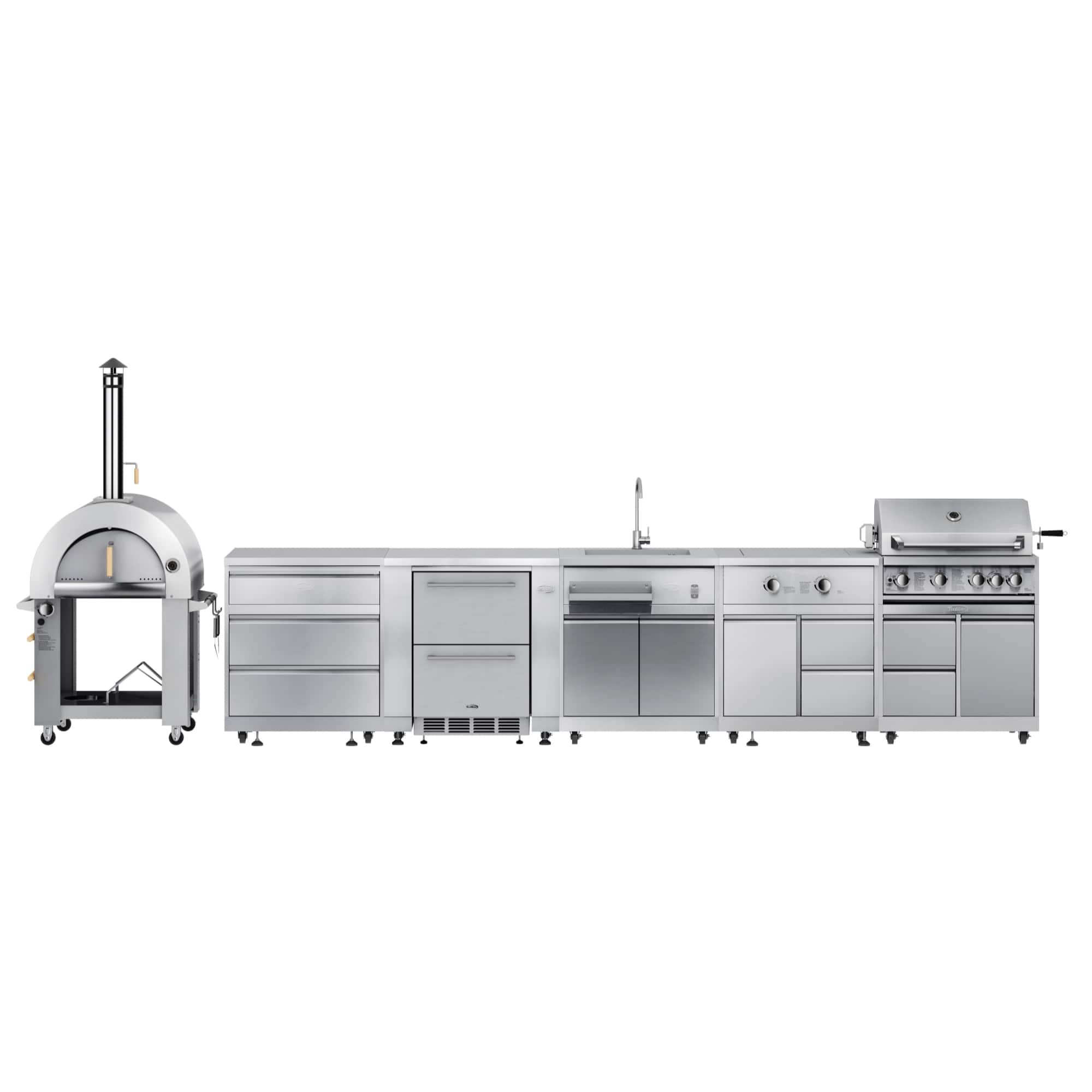 Koolmore - Dual Fuel Pizza Oven, 3 Drawer Cabinet, Refrigerator and Cabinet, Sink, Side Burner and 30 in. BBQ Grill with Cabinet - Stainless Steel