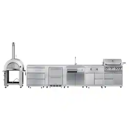 Koolmore - Dual Fuel Pizza Oven, 3 Drawer Cabinet, Refrigerator and Cabinet, Sink, Side Burner and 30 in. BBQ Grill with Cabinet - Stainless Steel