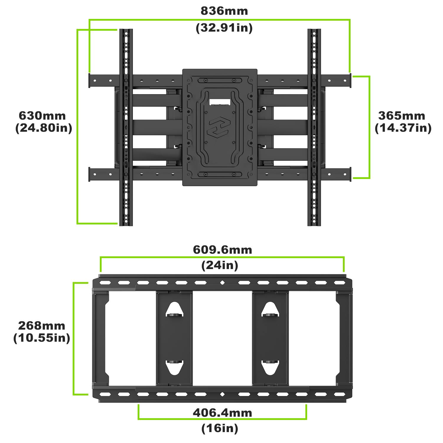 836mm (32.91in), 630mm (24.80in), 365mm (14.37in), 609.6mm (24in), 268mm (10.55in), 406.4mm (16in)