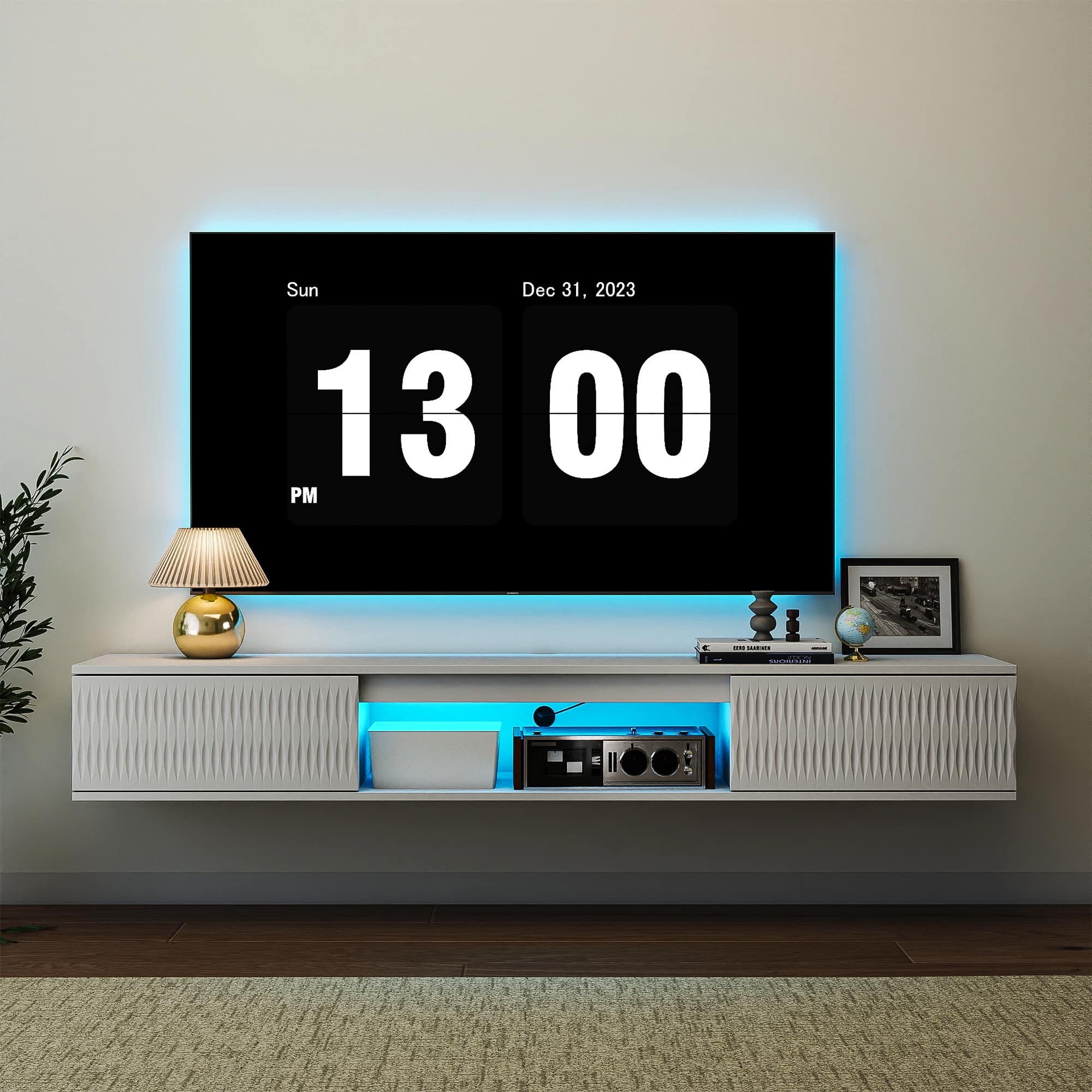 Kadyn - Wall-Mounted Floating TV Stand with LED Lighting and Twisted Texture Design - White