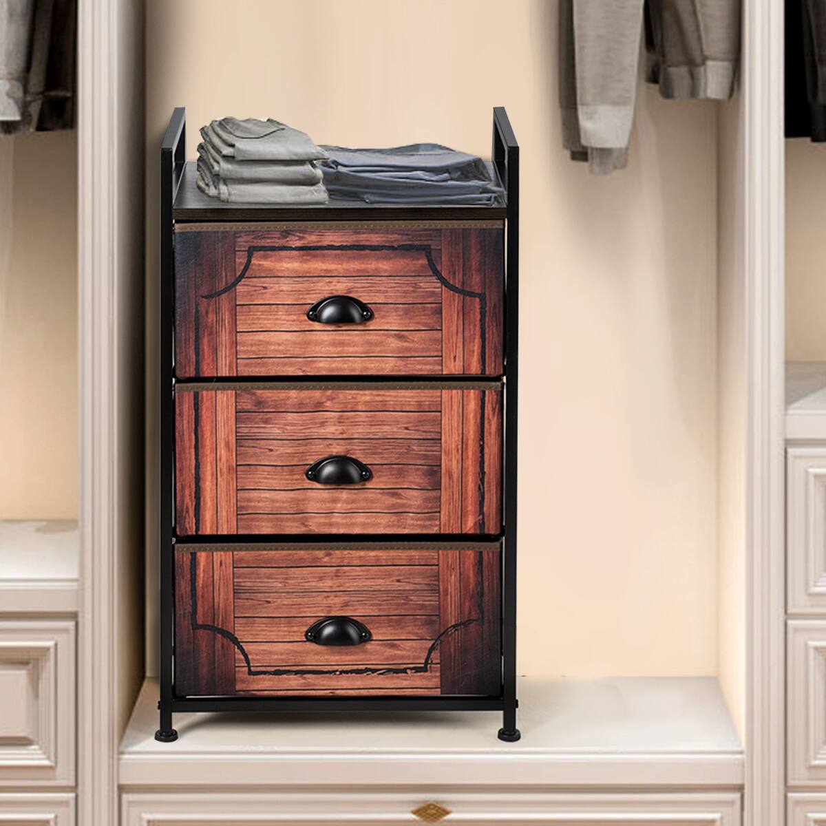 Alt View 14. Costway - 3 Drawer Fabric Dresser Storage Tower Nightstand Sturdy Steel Frame Closet - Brown/Black.