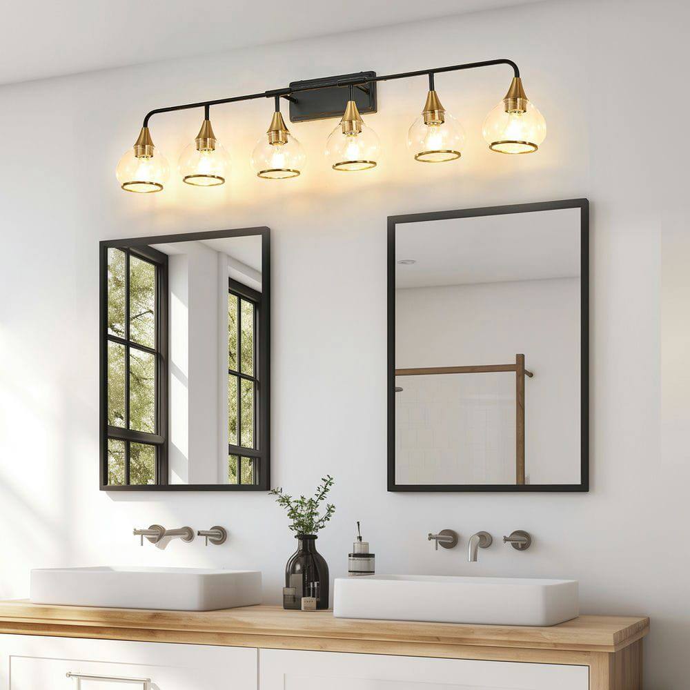 Alt View 6. Kadyn - 48" Modern 6-Light Vanity Wall Sconce - Black and Gold Bathroom Light Fixture with Clear Glass Shades, Black Gold - Gold.