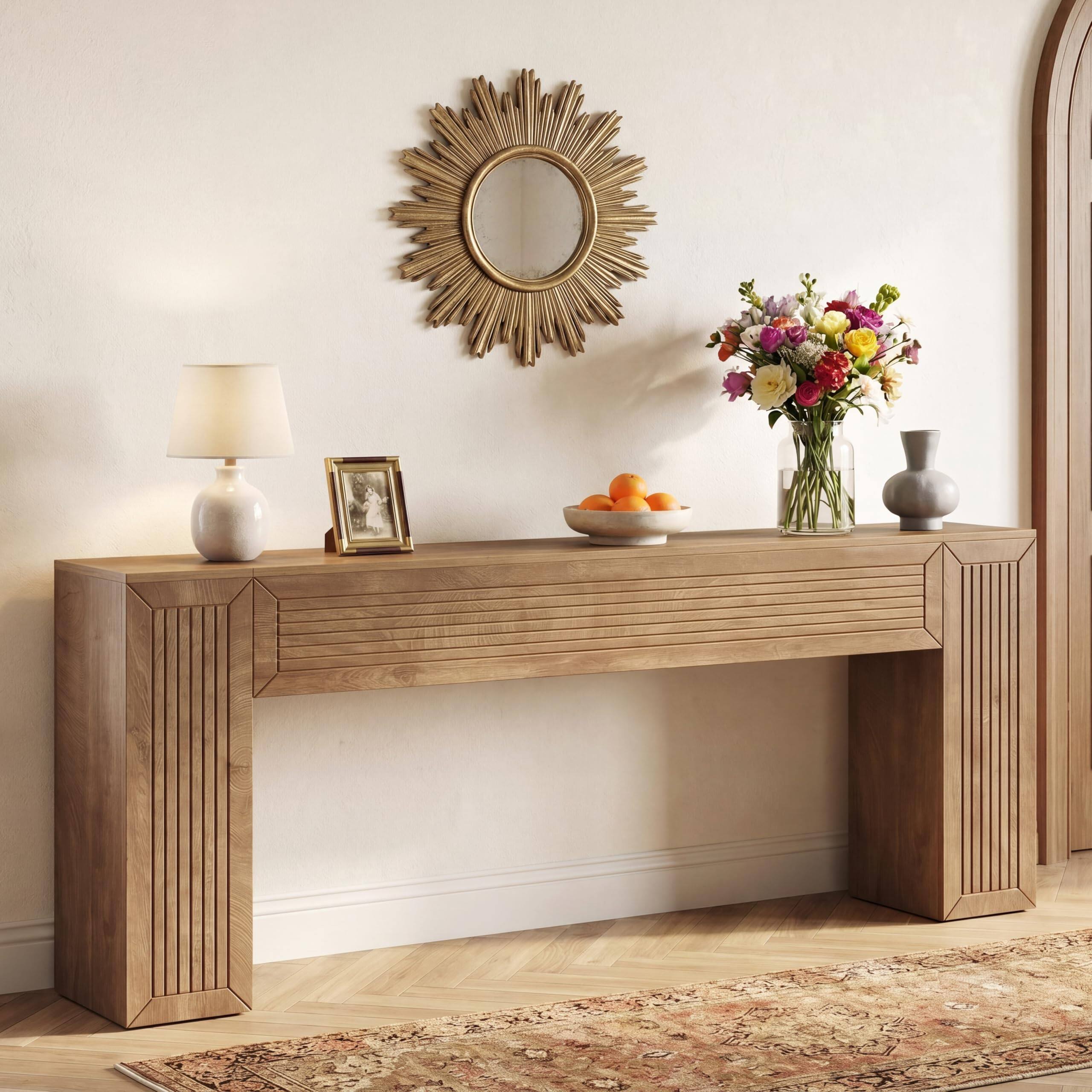 Alt View 1. Tribesigns - Extra Long Sofa Table, 79" Long Console Table, Farmhouse Entryway Table, Rectangular Behind Couch Table with Fluted Legs - Natural Oak.